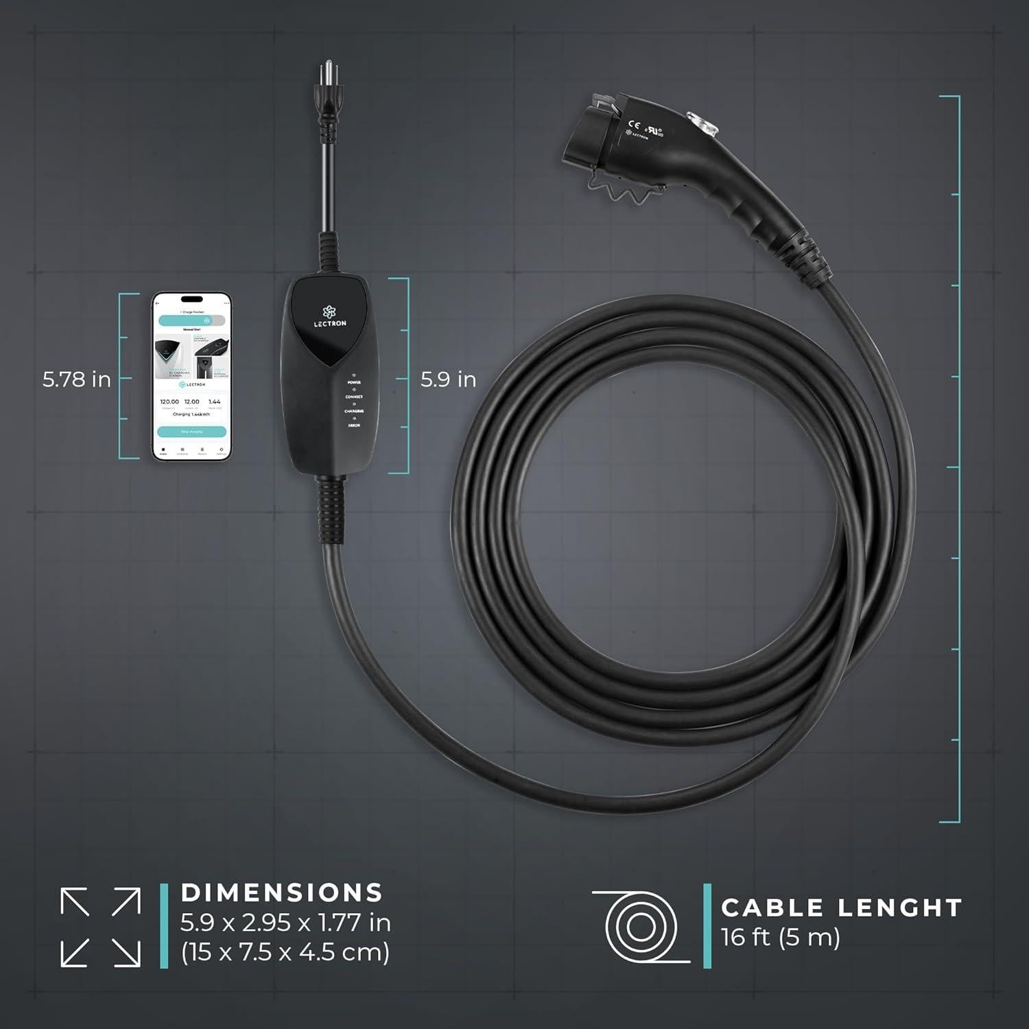 Cargador Portátil Lectron J1772 Nivel 1 12A 120V con App WiFi