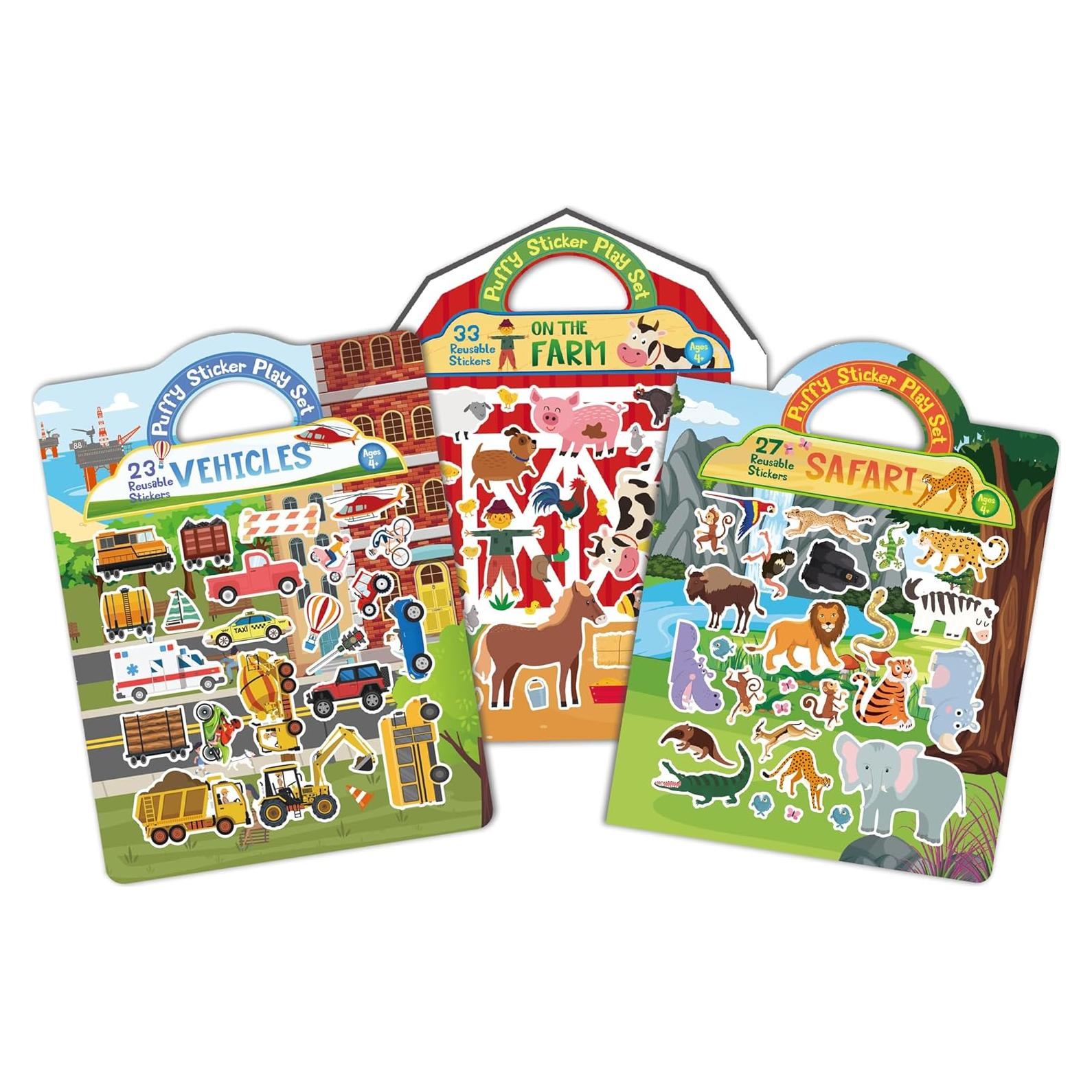 Travel Toys for Toddlers 1-3, Sticker Books for Kids 2-3, 2-4, 80+ Reusable Puffy Stickers, Farm, Vehicles, Safari Animals, Airplane Road Trip Activities for Kids 3-5, Stickers for Kid, Sticker Book