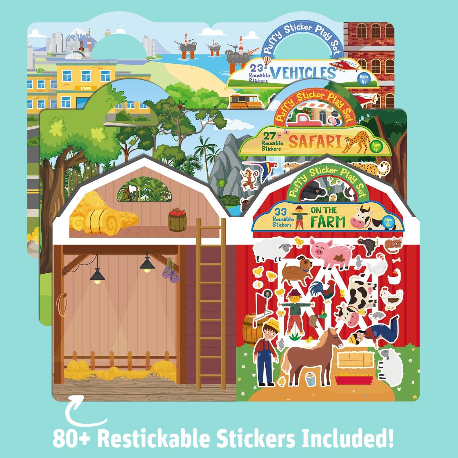 Travel Toys for Toddlers 1-3, Sticker Books for Kids 2-3, 2-4, 80+ Reusable Puffy Stickers, Farm, Vehicles, Safari Animals, Airplane Road Trip Activities for Kids 3-5, Stickers for Kid, Sticker Book