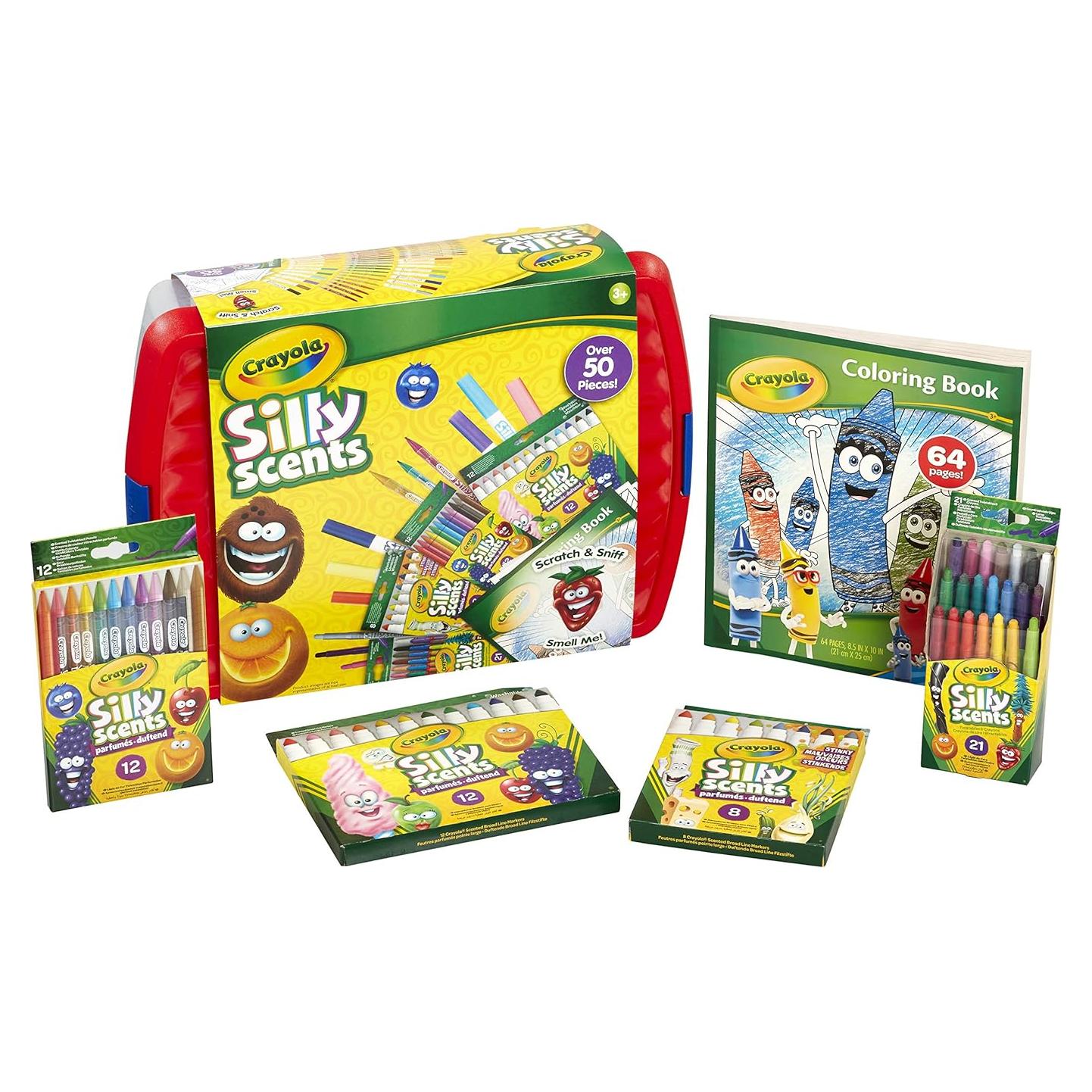 CRAYOLA Silly Scents Colouring Tub - Over 50 Scented Crayons, Markers & Pencils (Including a 64 Page Colouring Book) | Ideal for Kids Aged 3+
