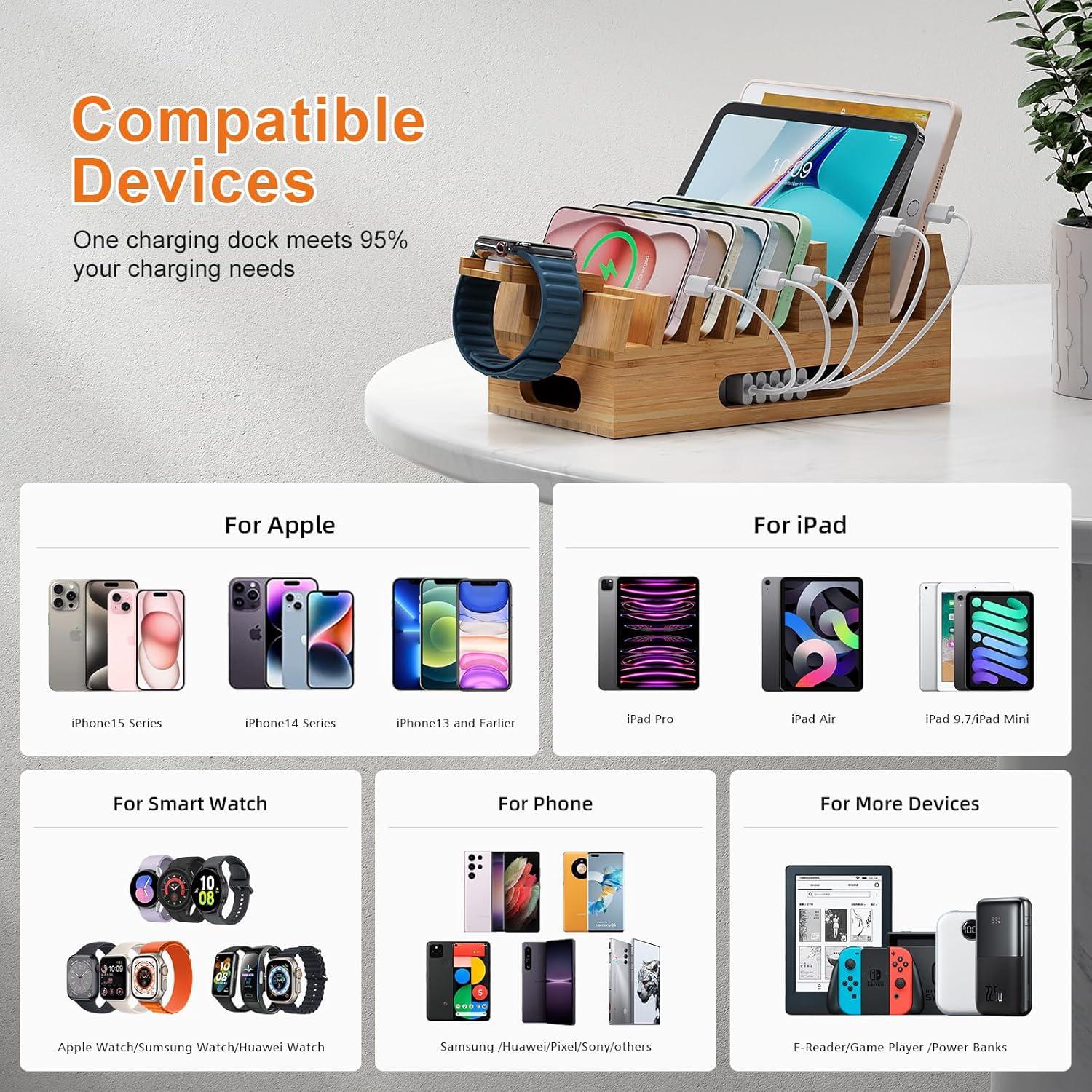 Estación de Carga de Bambú Pezin & Hulin 5 Puertos Soporte Reloj