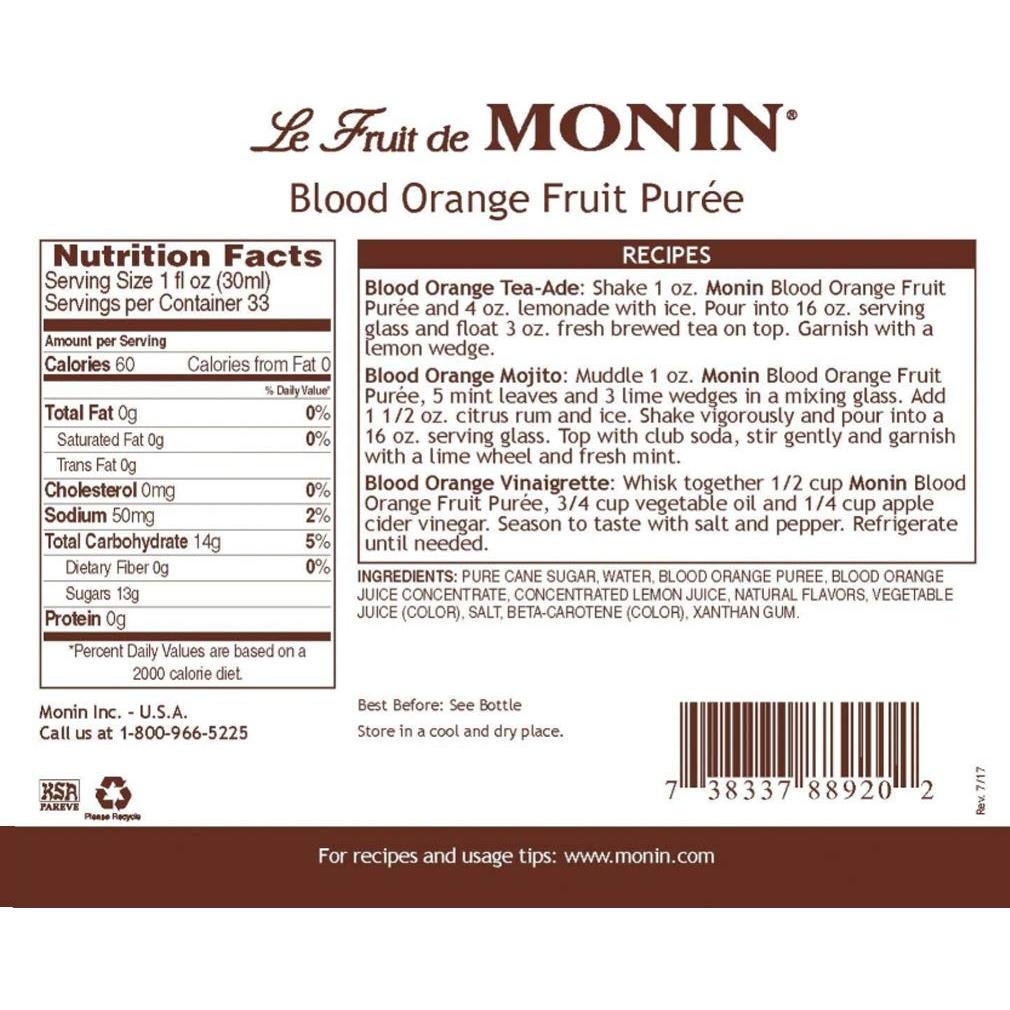 Puré de Naranja Sanguina Monin 1 Litro Vegano Sin Gluten