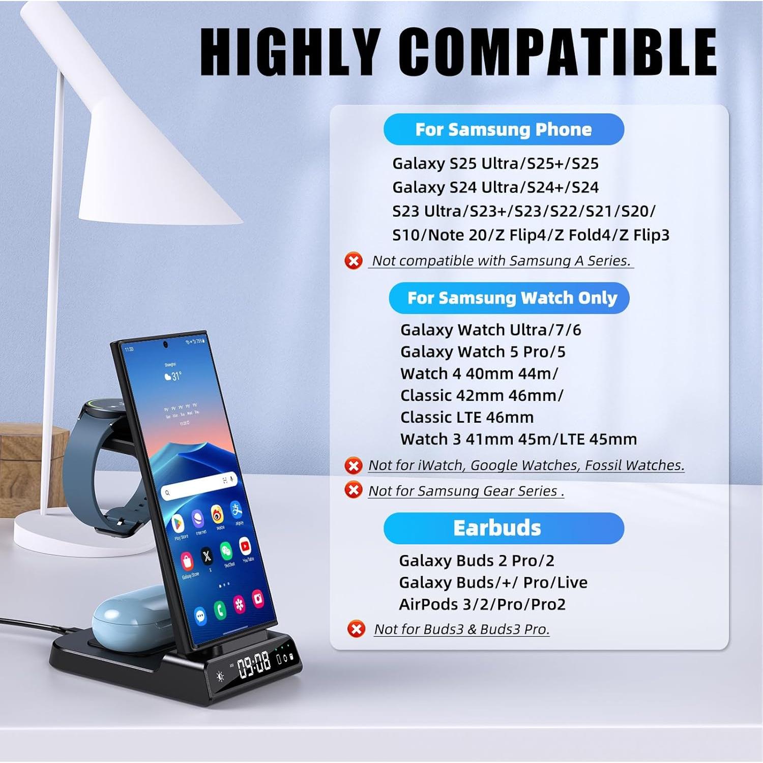 Cargador Inalámbrico 3 en 1 Samsung Galaxy y Watch (Negro)