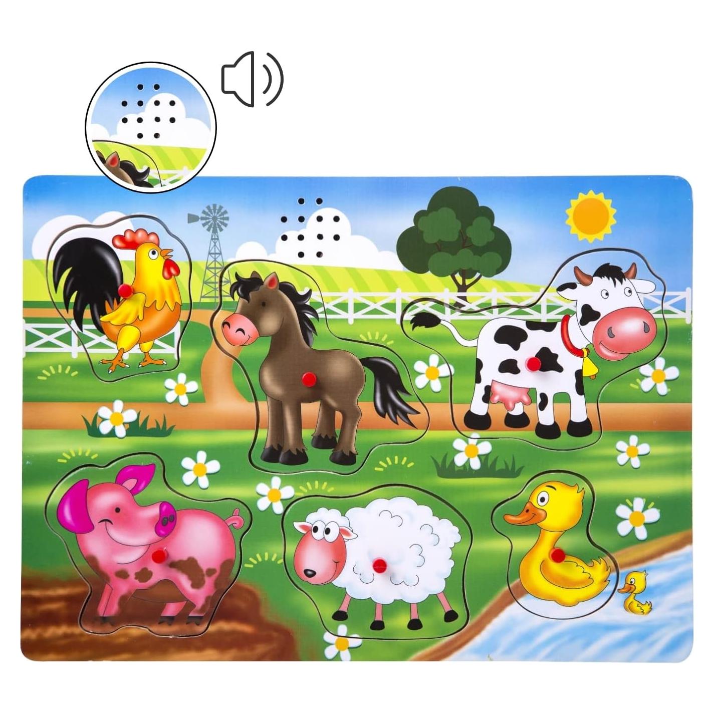 Rompecabezas de Sonido de Madera ExploraToy Animales de Granja 6 Piezas