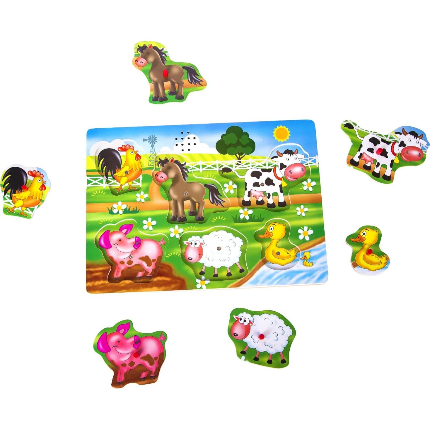 Rompecabezas de Sonido de Madera ExploraToy Animales de Granja 6 Piezas
