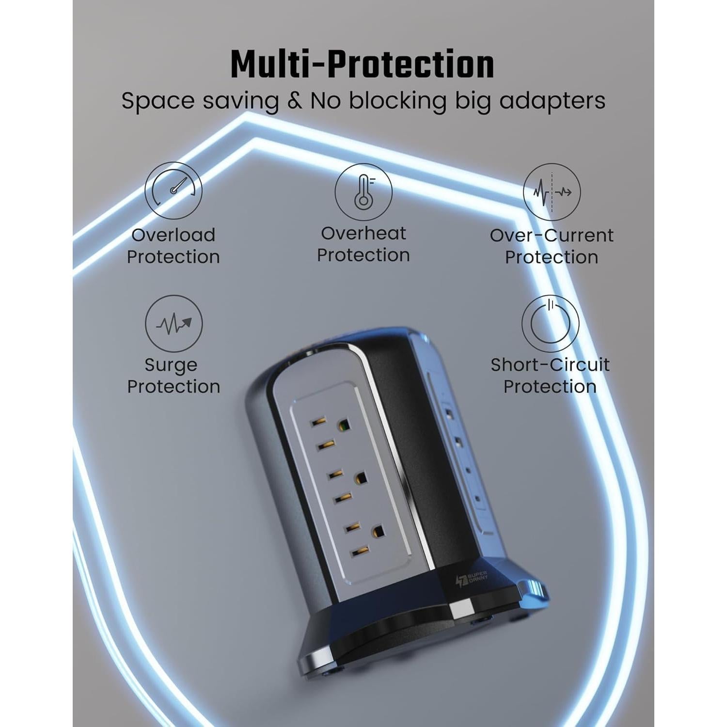 Regleta de Protección SUPERDANNY 9 Salidas 4 USB 3,05m Negra