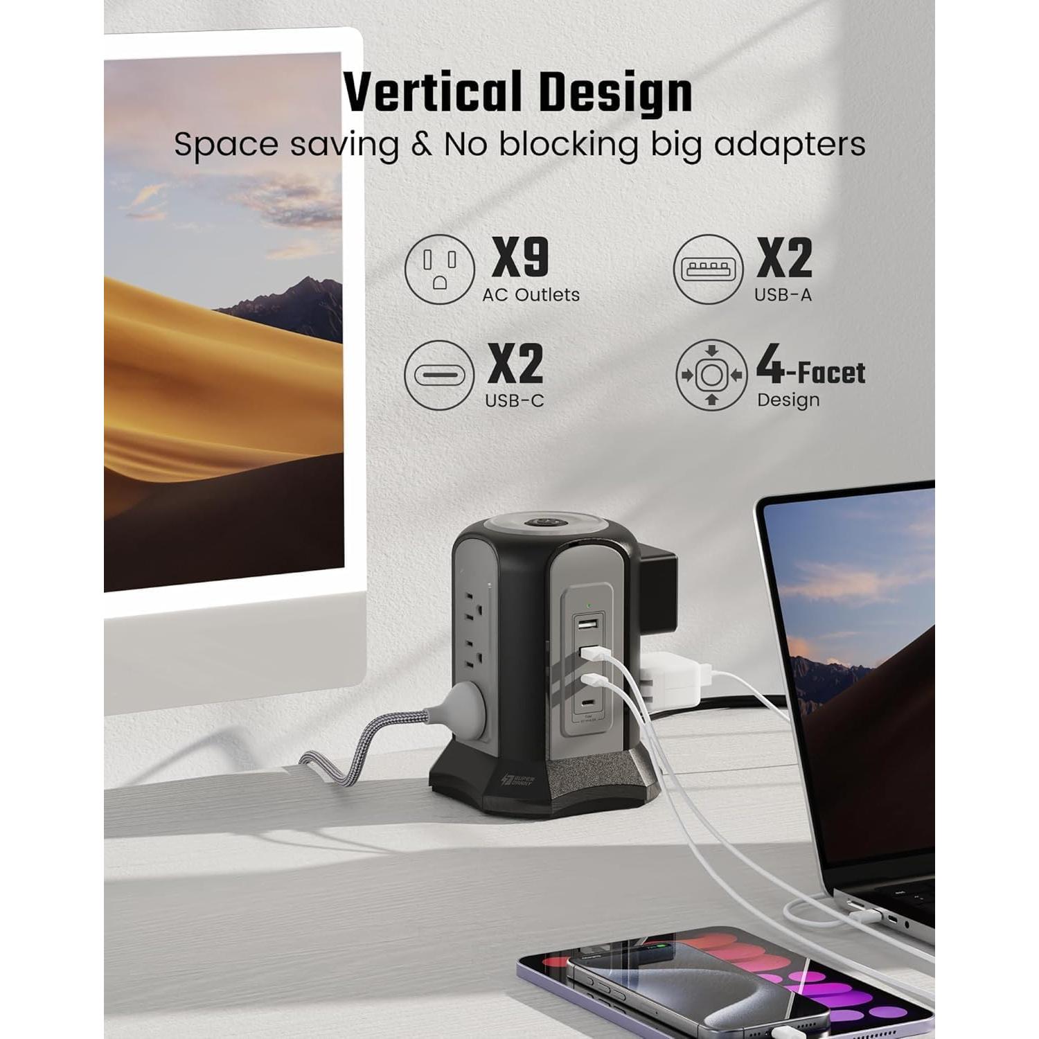 Regleta de Protección SUPERDANNY 9 Salidas 4 USB 3,05m Negra