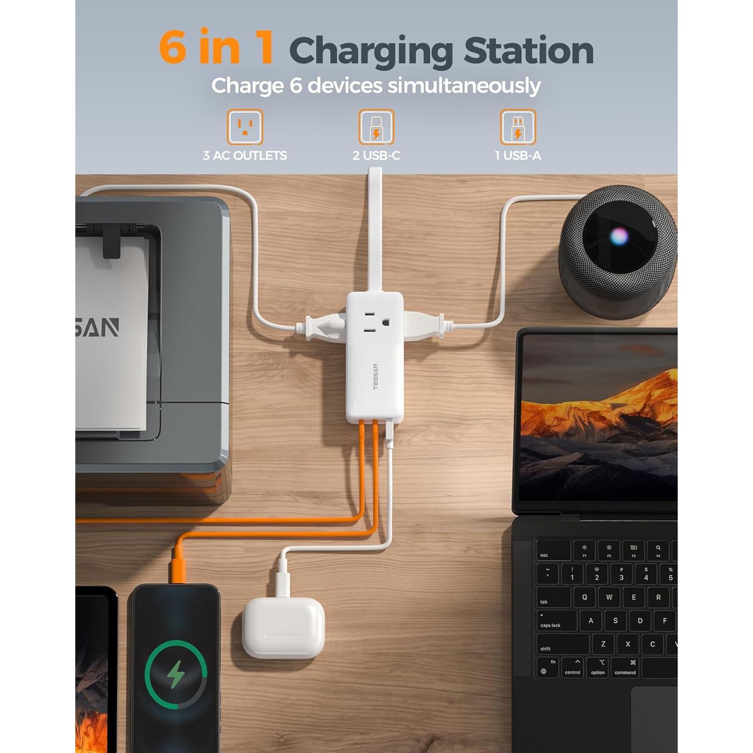 Estación de Carga USB TESSAN 30W, 6 en 1, Compacta