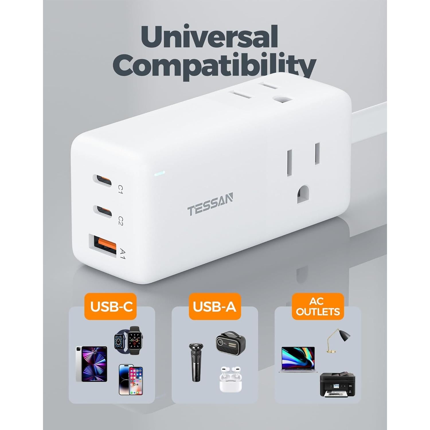 Estación de Carga USB TESSAN 30W, 6 en 1, Compacta
