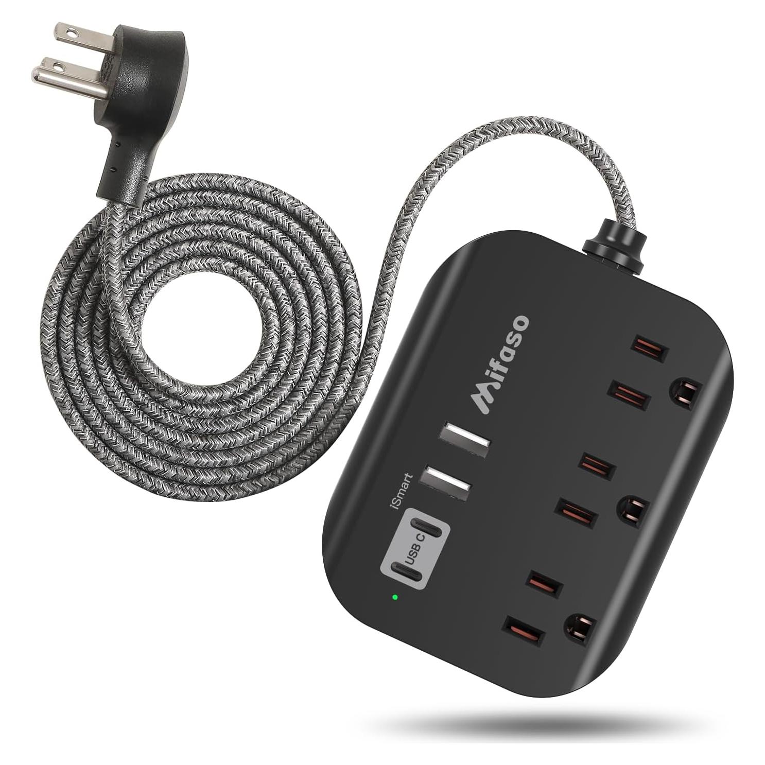 Regleta Mifaso 3 Salidas 4 USB 1.52m Compacta para Viaje