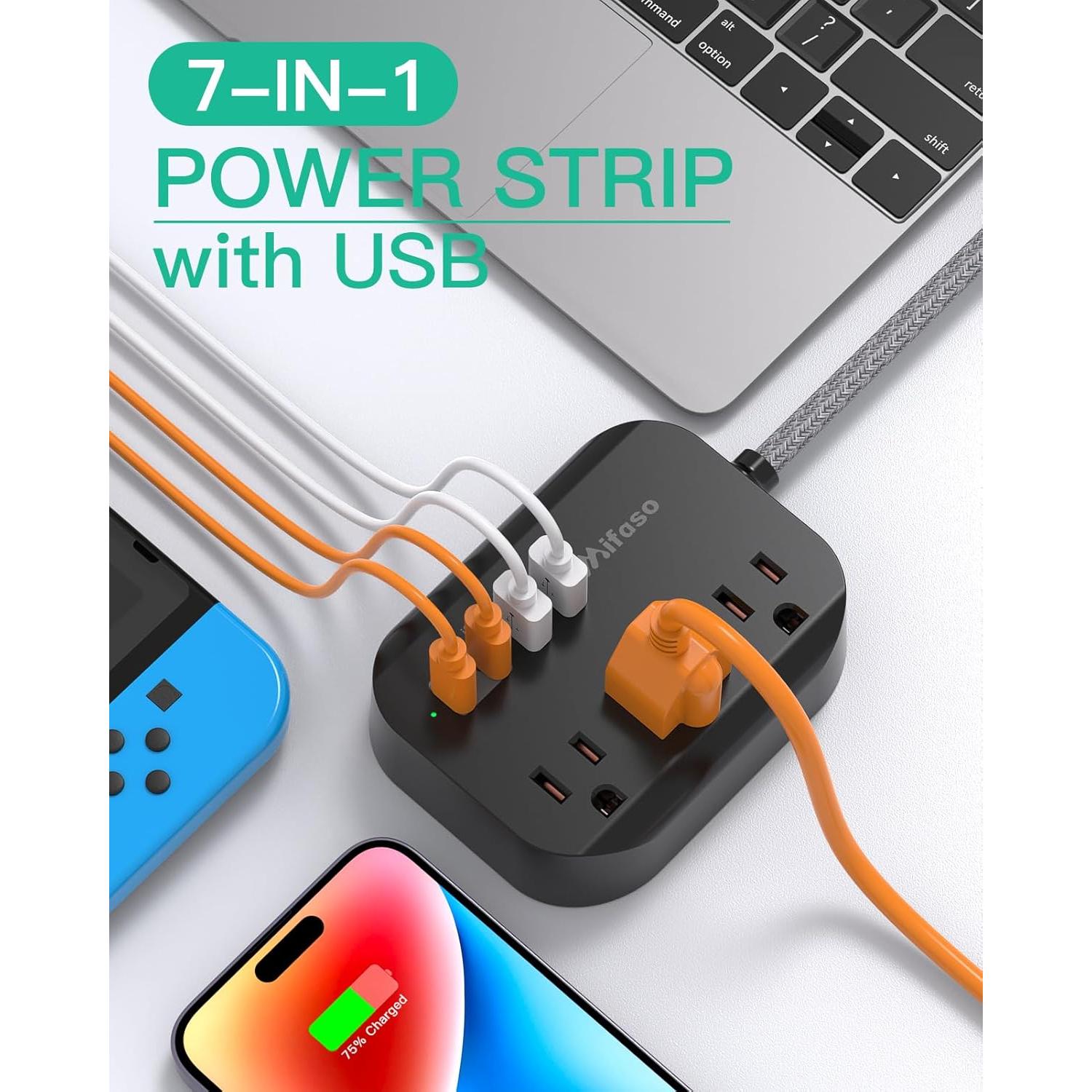 Regleta Mifaso 3 Salidas 4 USB 1.52m Compacta para Viaje