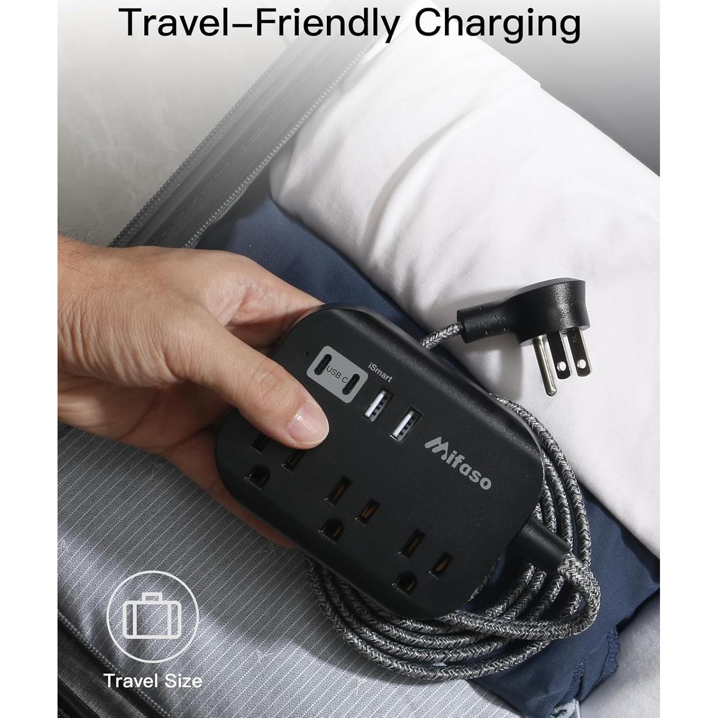 Regleta Mifaso 3 Salidas 4 USB 1.52m Compacta para Viaje