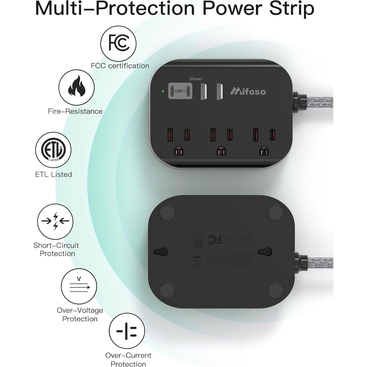 Regleta Mifaso 3 Salidas 4 USB 1.52m Compacta para Viaje