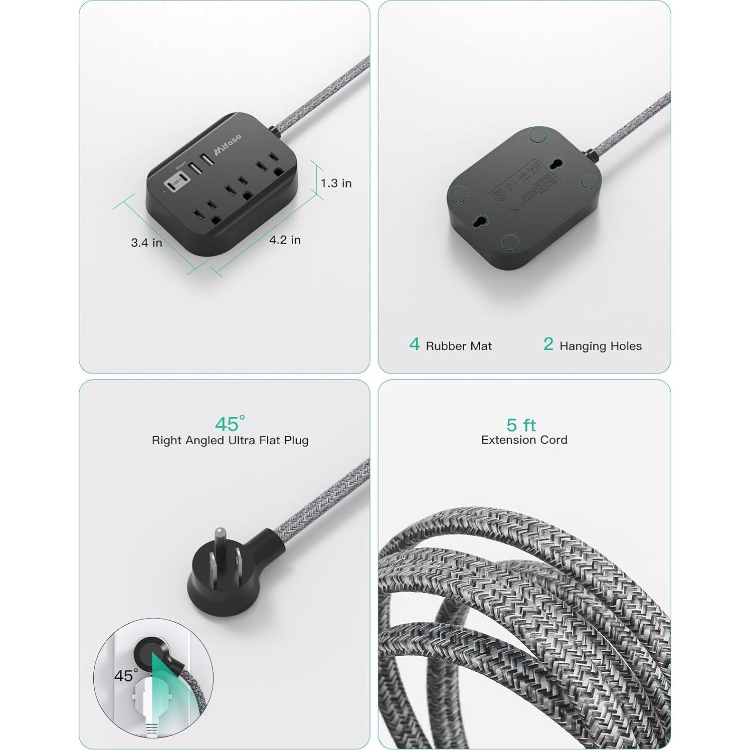 Regleta Mifaso 3 Salidas 4 USB 1.52m Compacta para Viaje