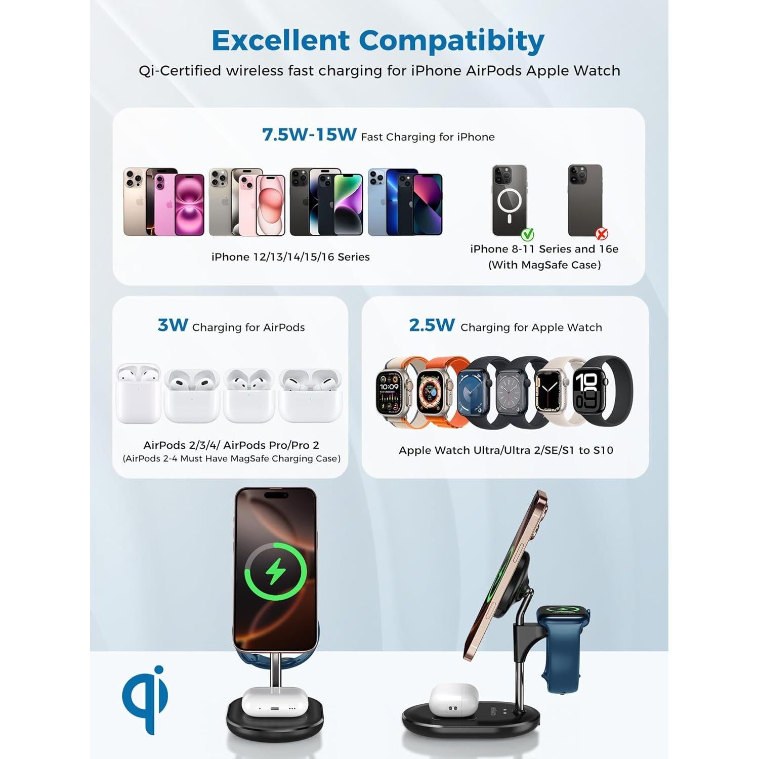 Estación de Carga Inalámbrica 3 en 1 Hevanto 15W Ajustable