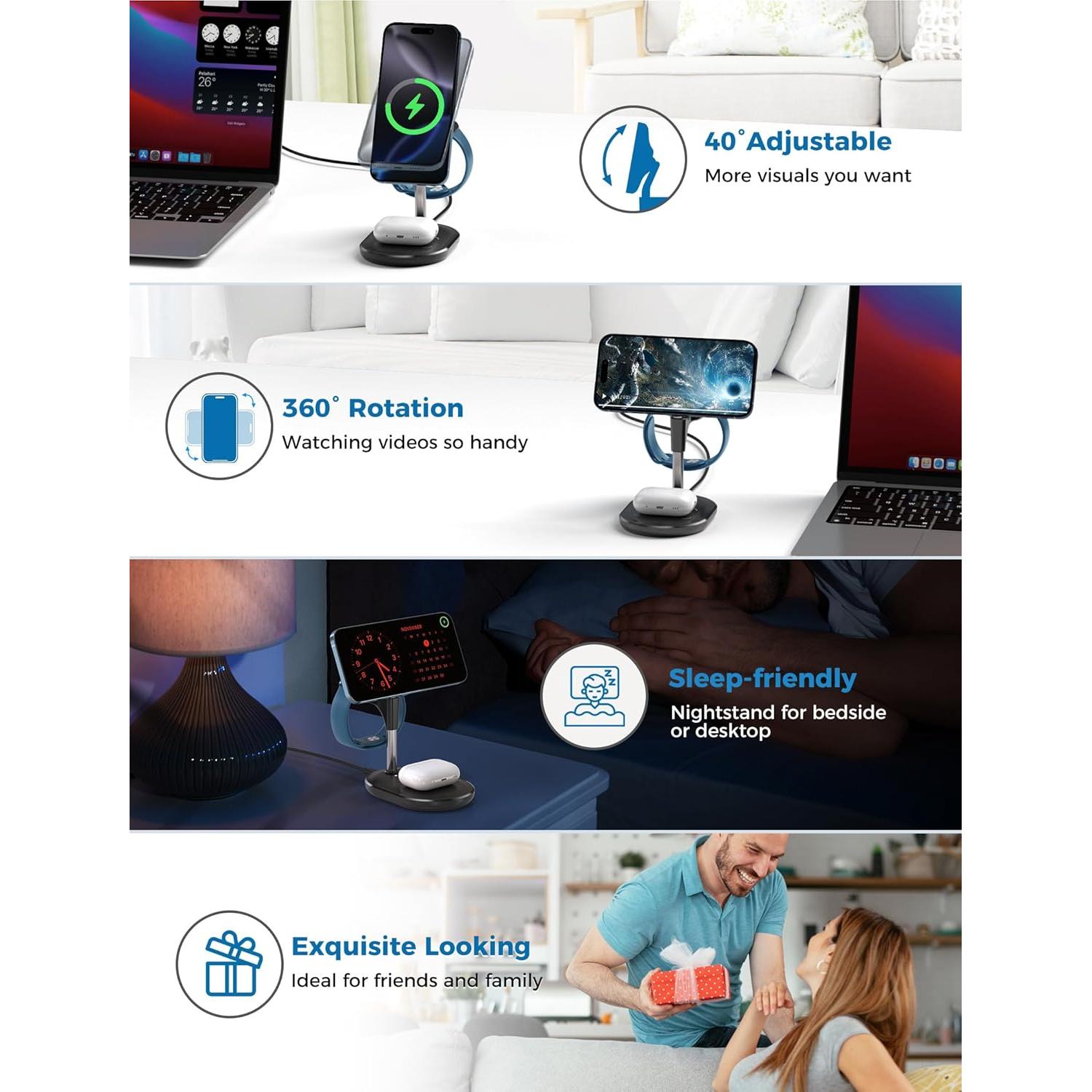 Estación de Carga Inalámbrica 3 en 1 Hevanto 15W Ajustable