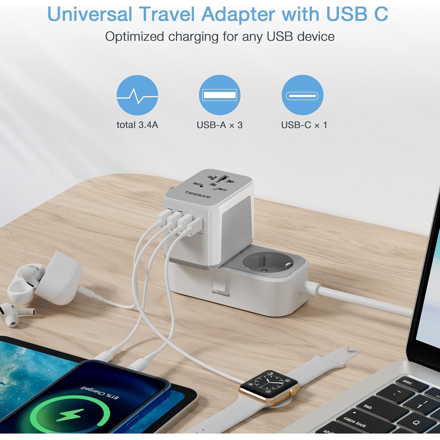 Adaptador de Viaje TESSAN 4 Puertos USB C Gris 2500W