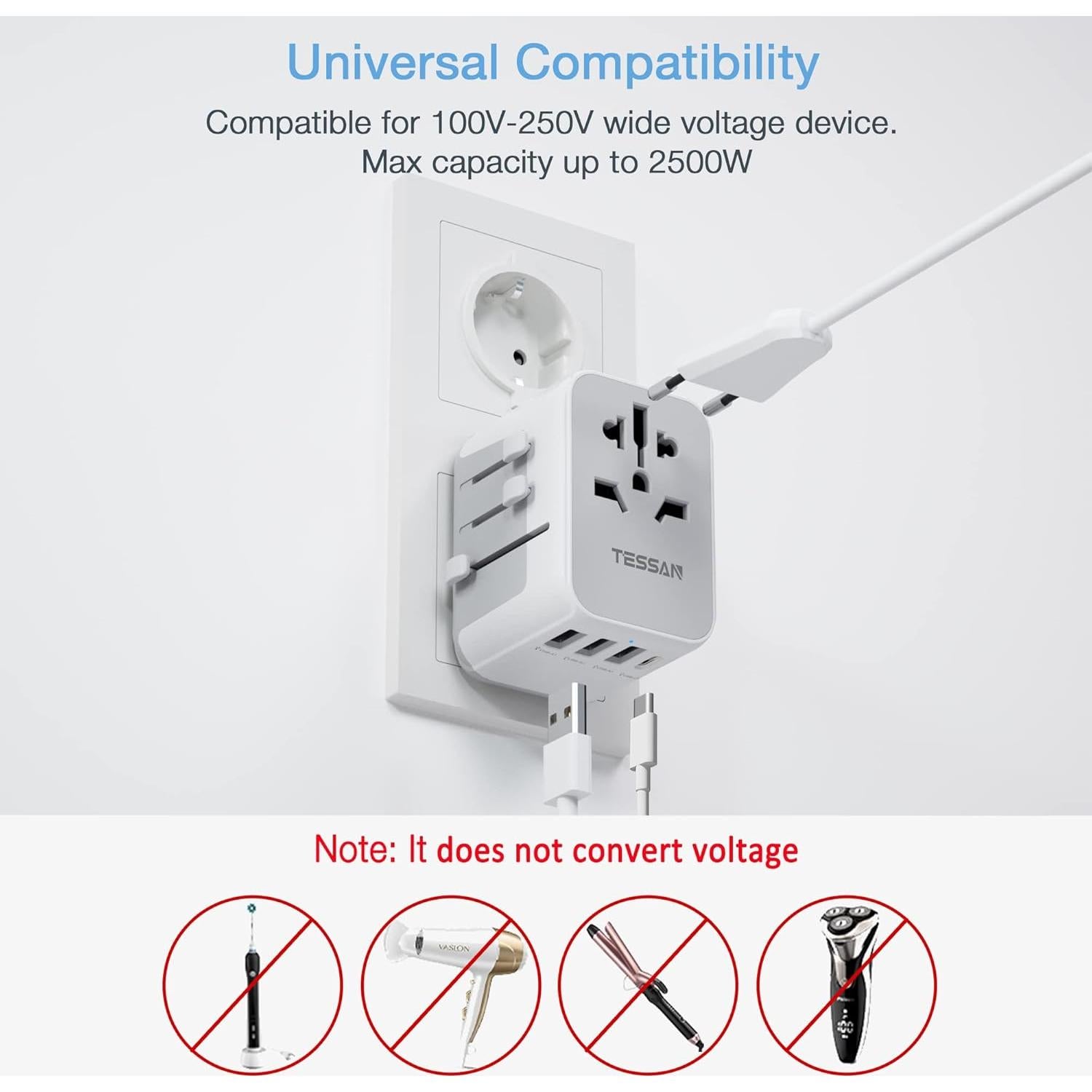 Adaptador de Viaje TESSAN 4 Puertos USB C Gris 2500W