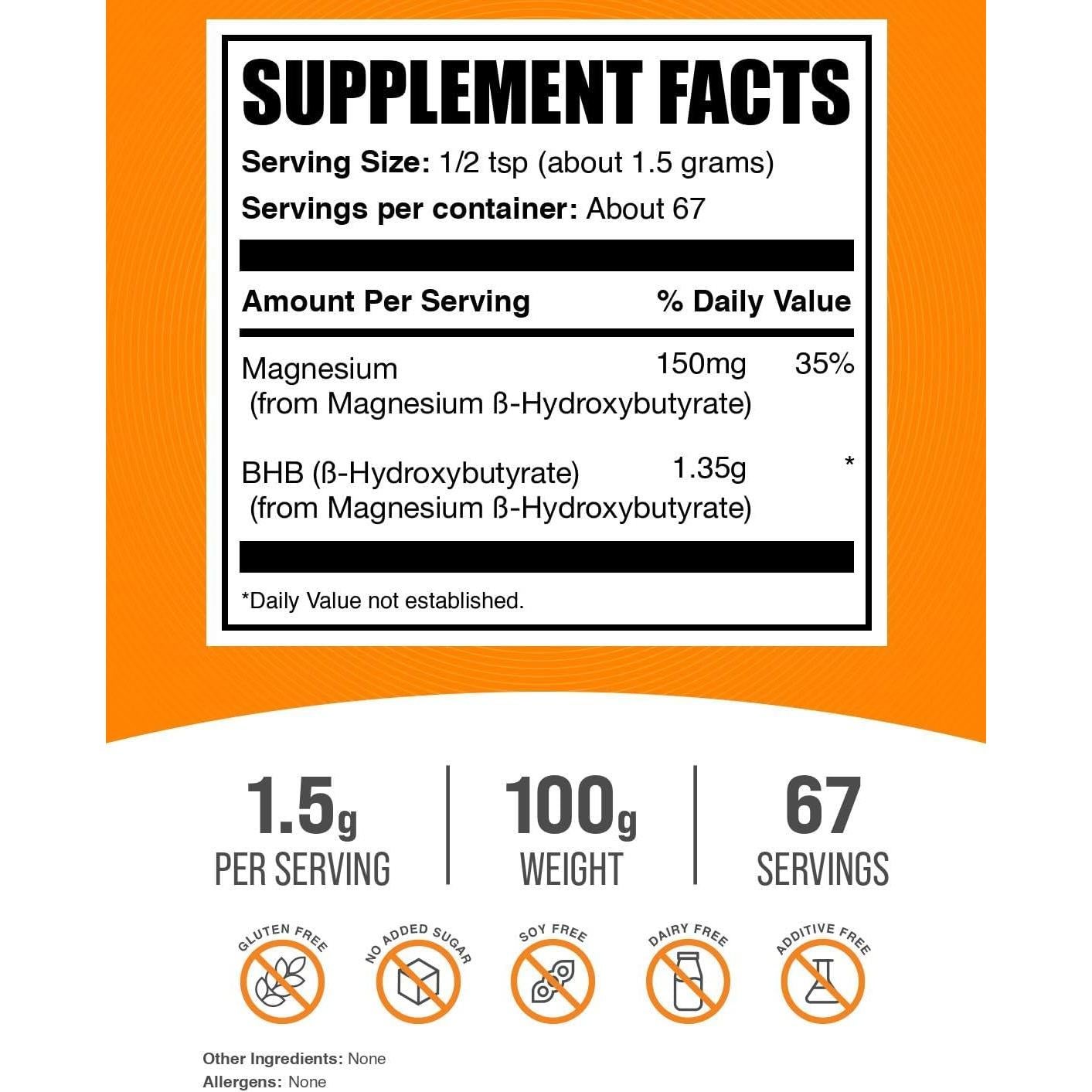 Polvo de Magnesio BHB BulkSupplements 100g - Sin Sabor y Gluten