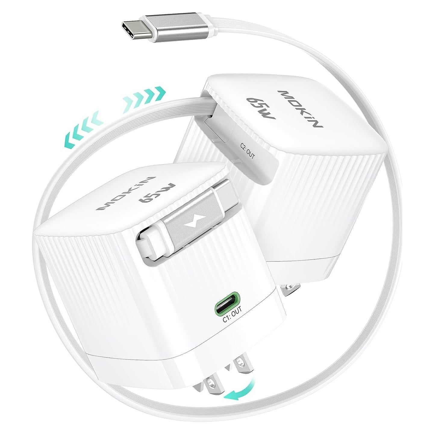 Cargador de Pared Retráctil MOKiN 65W USB-C Rápido con Cable