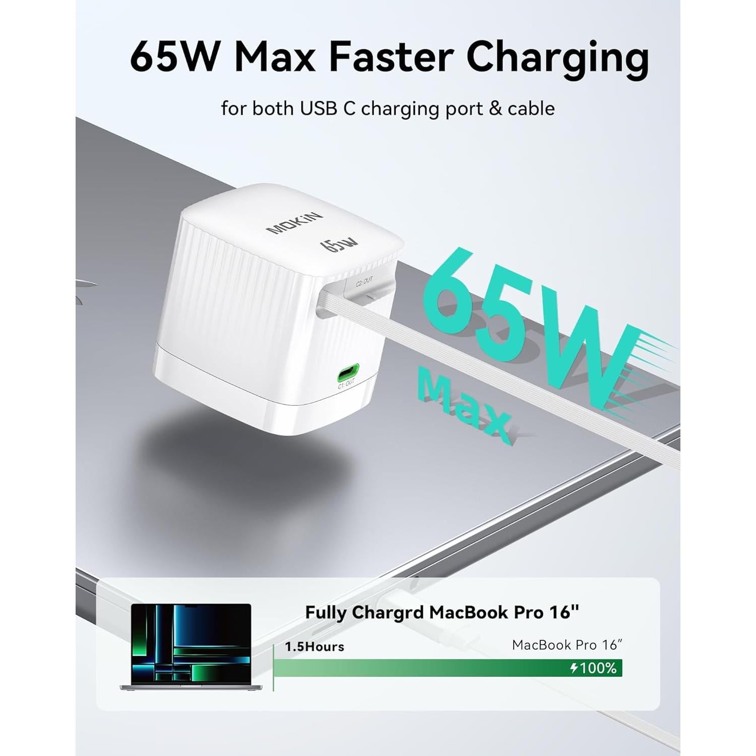 Cargador de Pared Retráctil MOKiN 65W USB-C Rápido con Cable