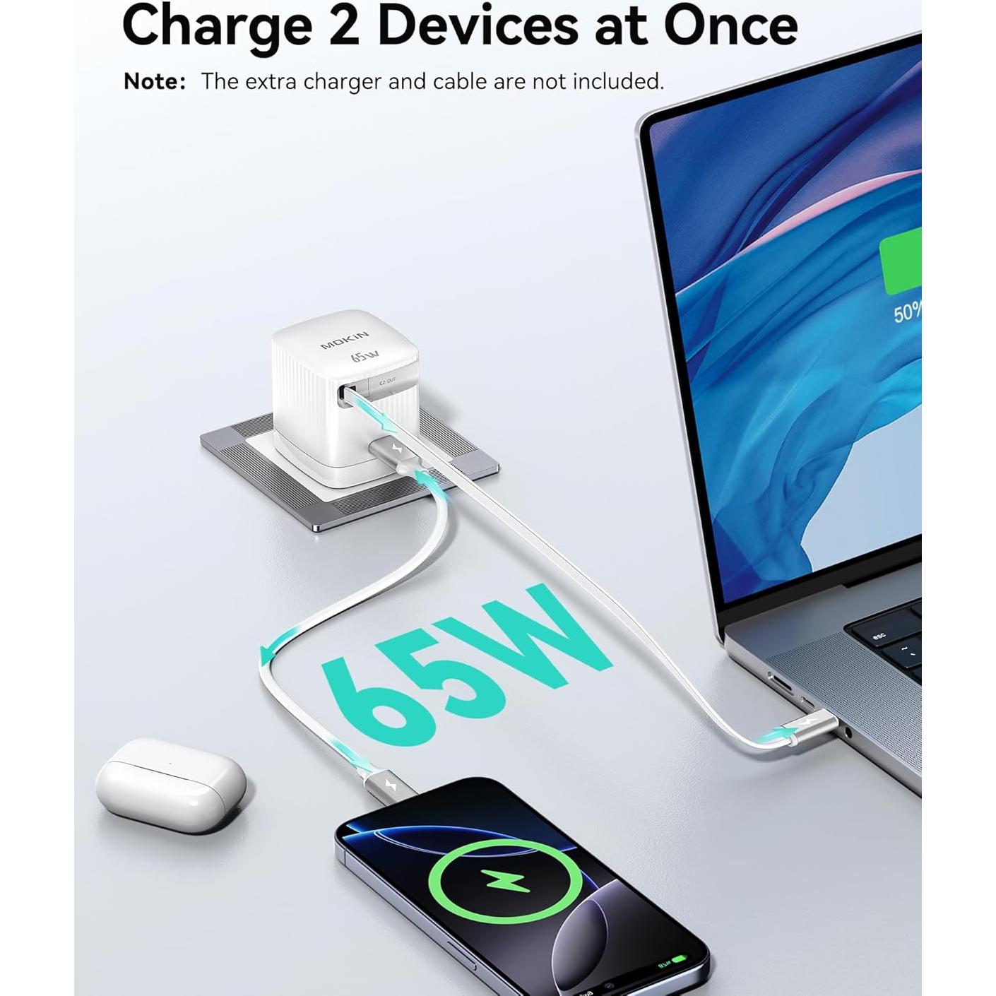 Cargador de Pared Retráctil MOKiN 65W USB-C Rápido con Cable