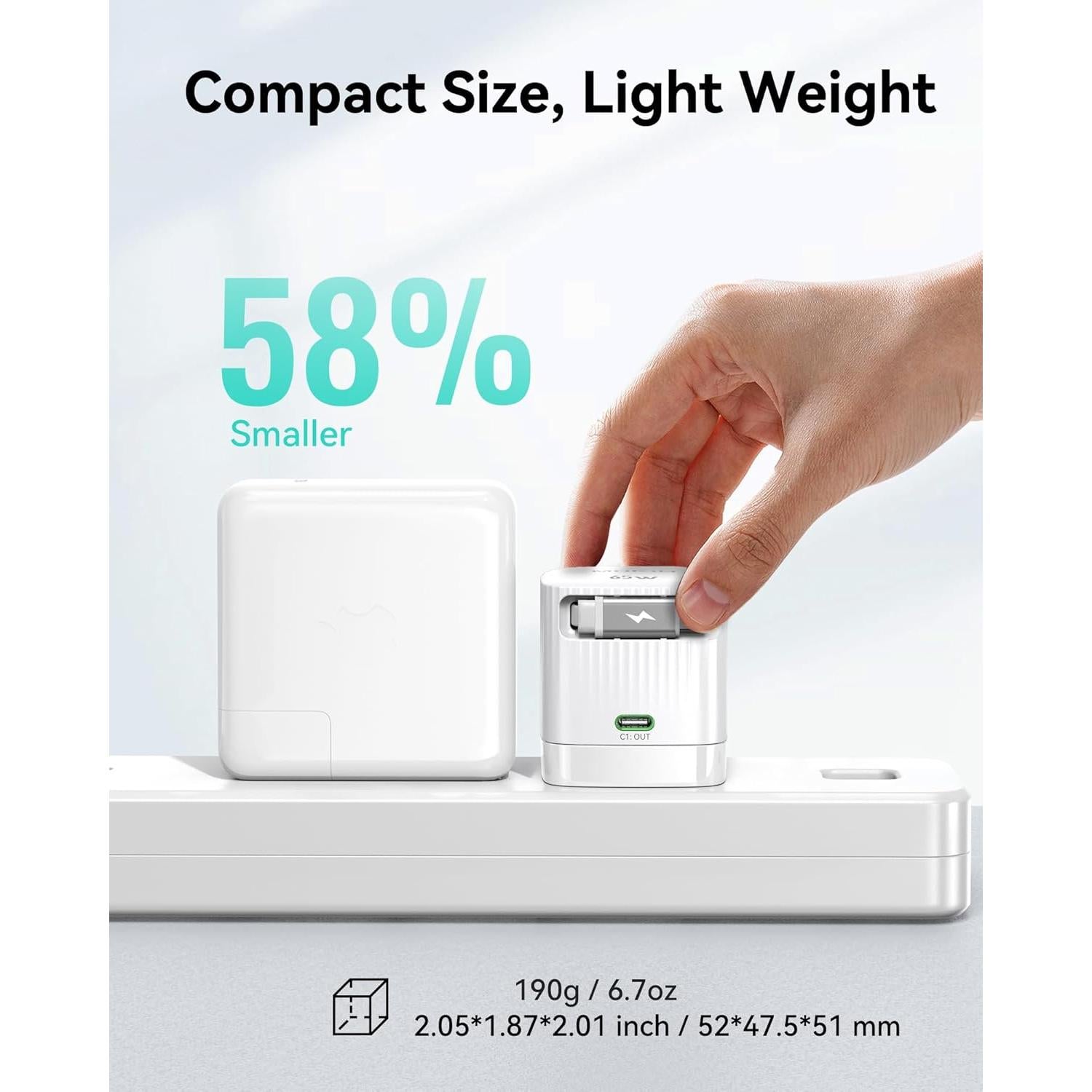 Cargador de Pared Retráctil MOKiN 65W USB-C Rápido con Cable