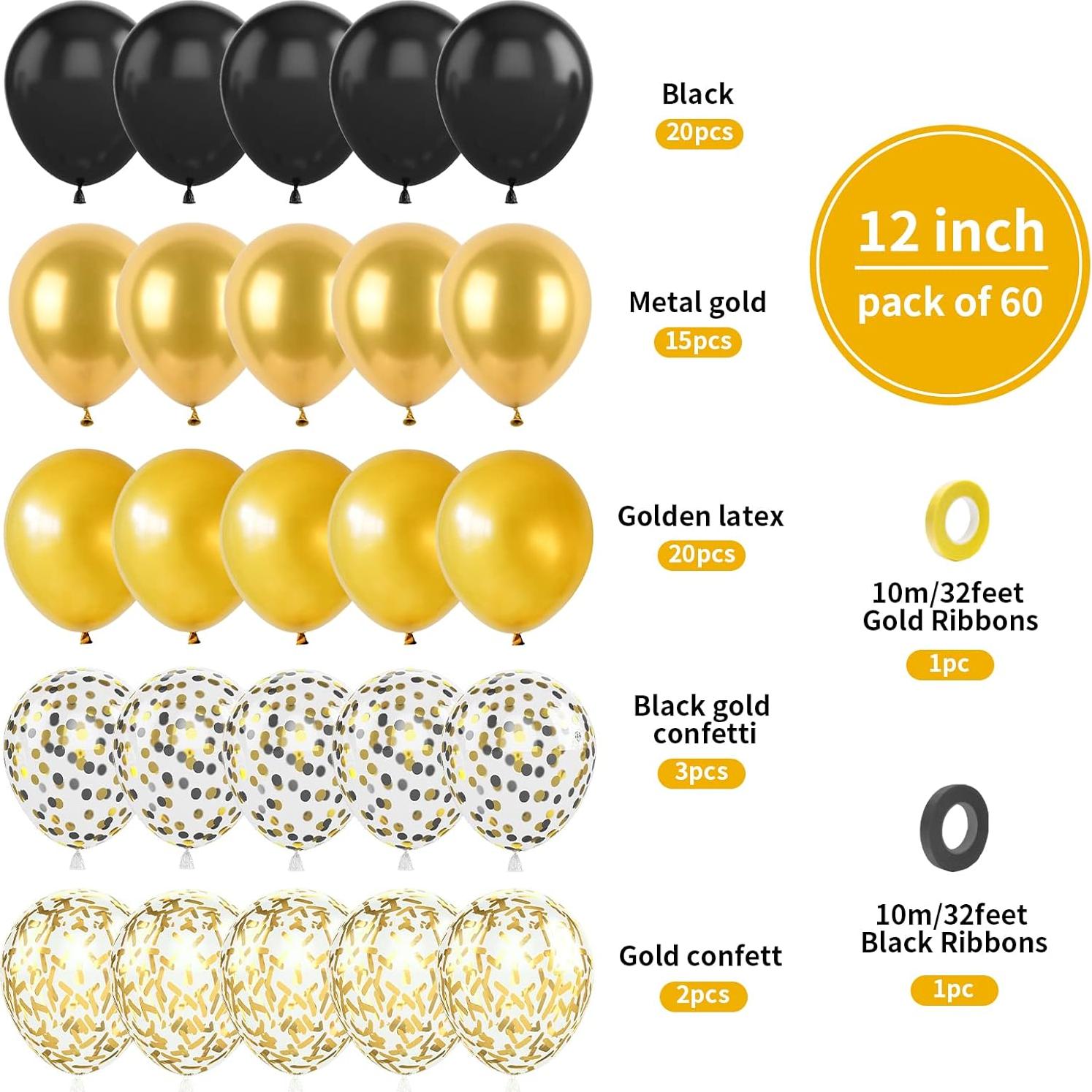 Globos de Confeti Metálico Biapian 60PCS 30cm Negro Dorado