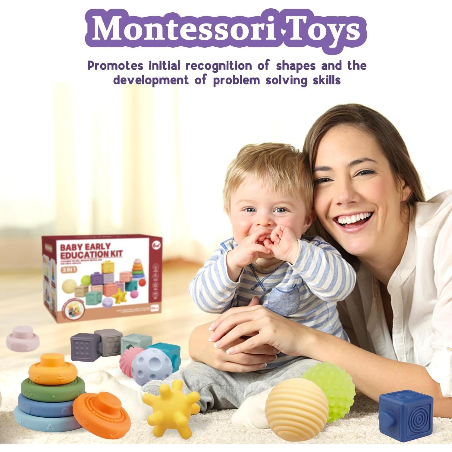 Juguetes Montessori para Bebés IFLOVE 3 en 1 - Bloques, Anillos y Pelotas