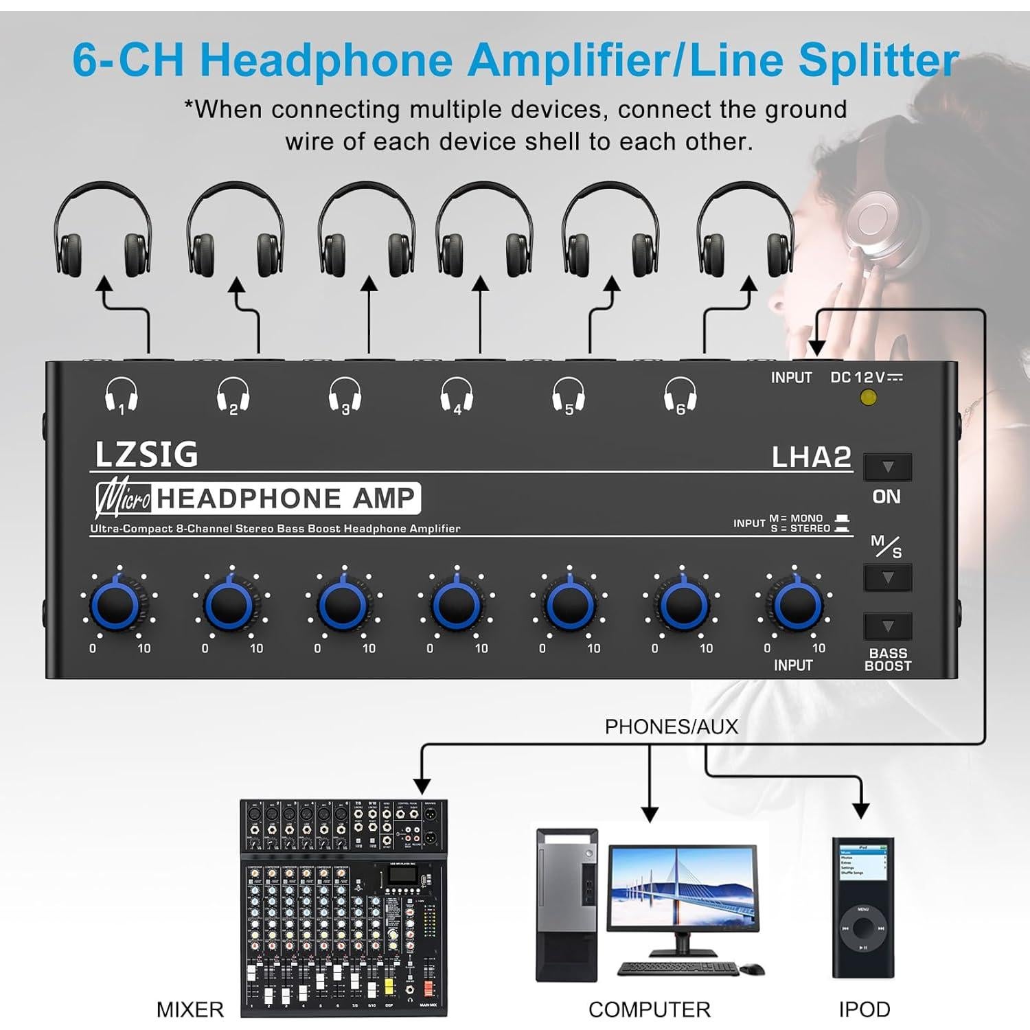 Amplificador de Auriculares LZSIG 6 Canales Estéreo con Graves