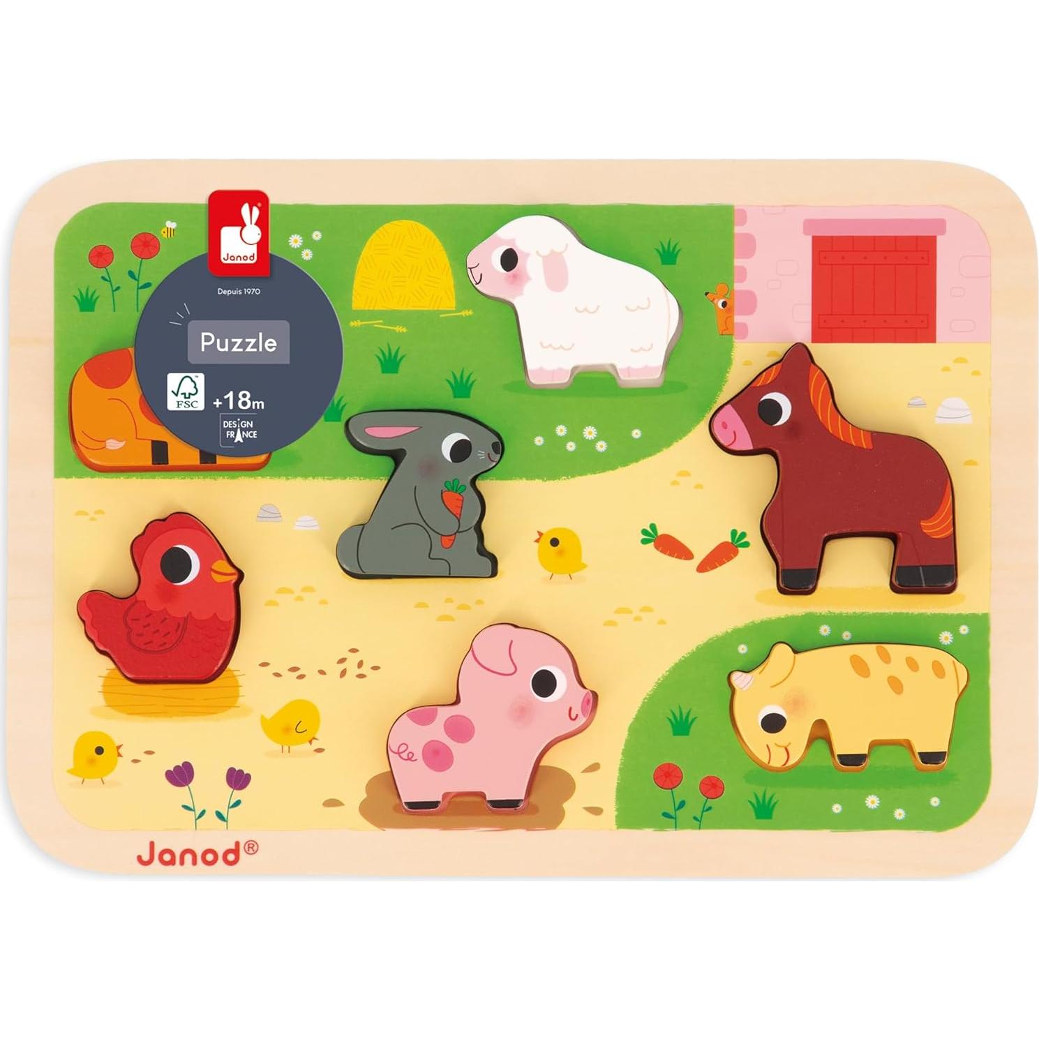 Rompecabezas de Madera Gruesa Janod Granja 7 Piezas 30x21cm