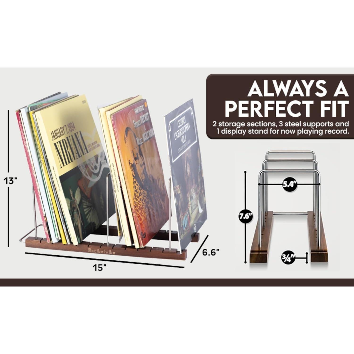 Soporte para Discos de Vinilo Decibelvibe - 75 LP - Acero y Madera