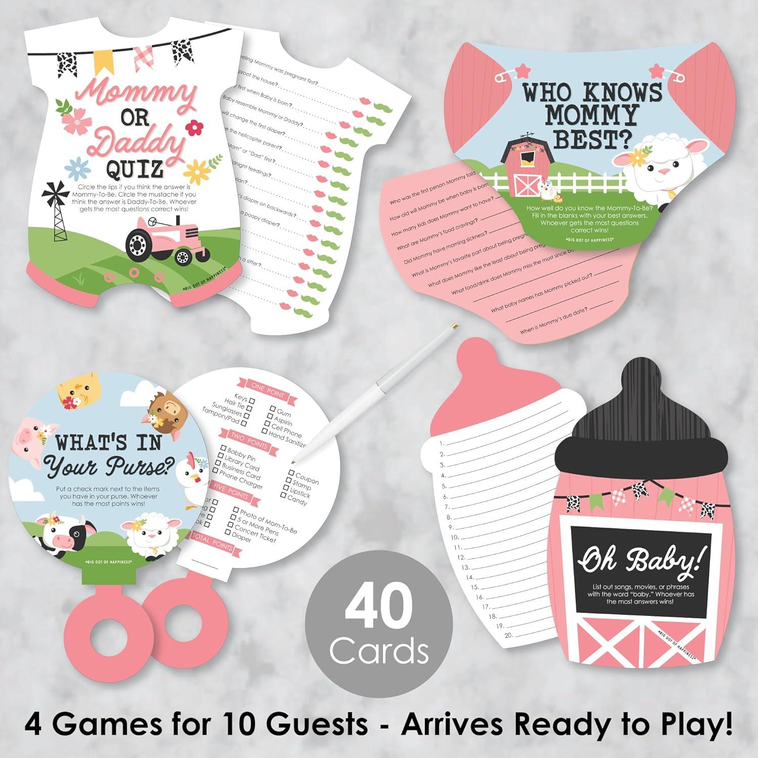 Paquete de Juegos de Baby Shower Granja Rosa - 4 Juegos