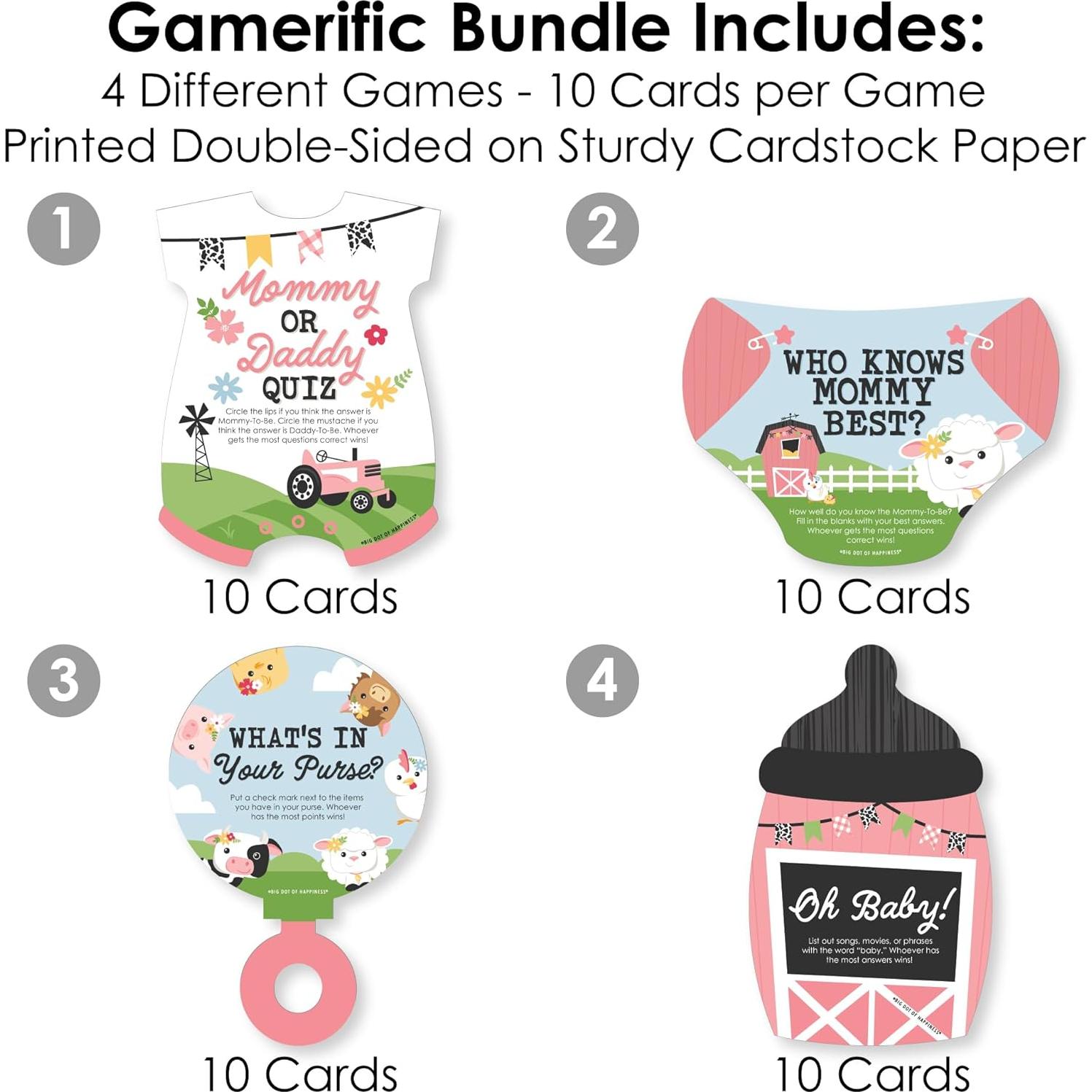Paquete de Juegos de Baby Shower Granja Rosa - 4 Juegos