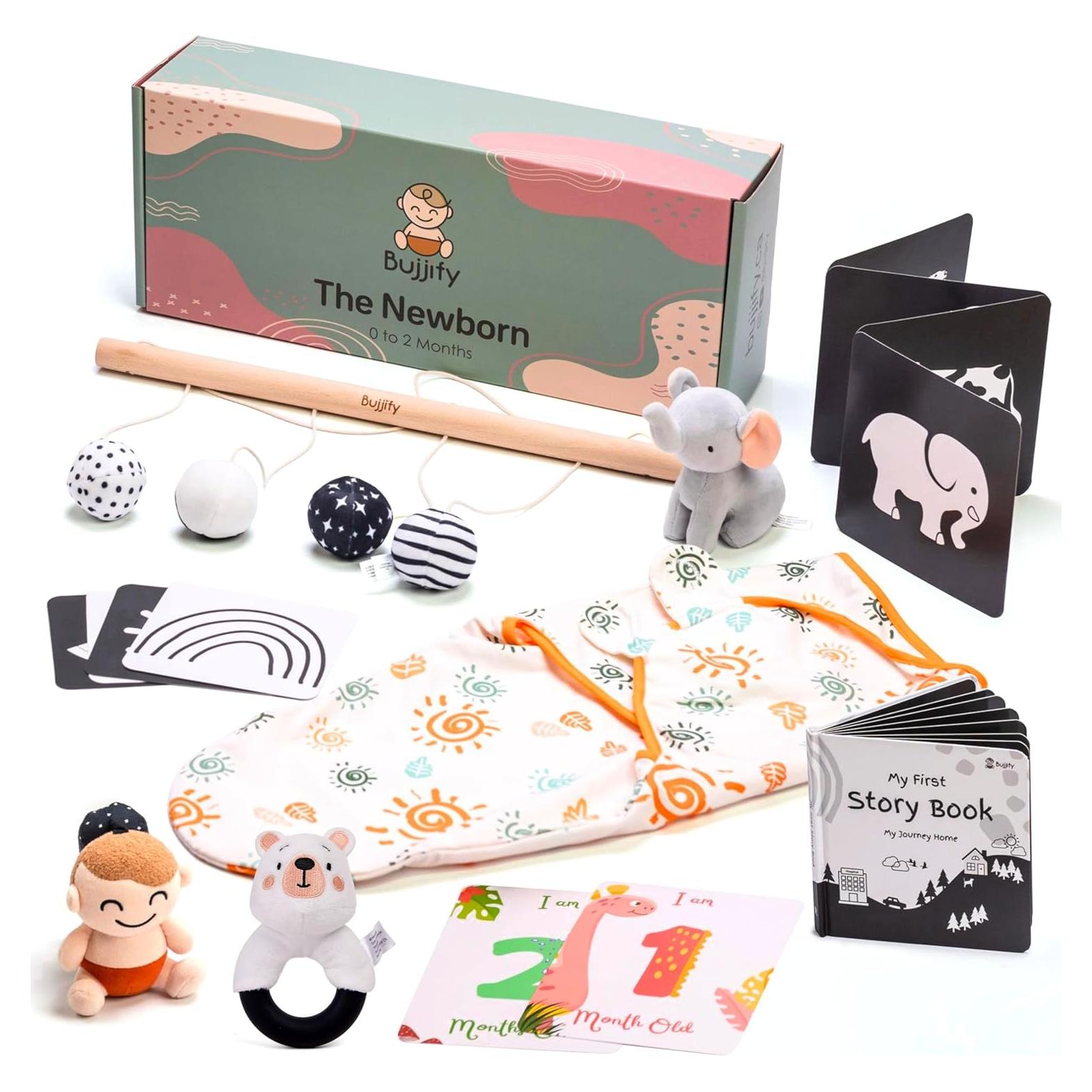 Juego Montessori Bujjify para Bebés 0-2 Meses - Sonajero, Manta y Tarjetas