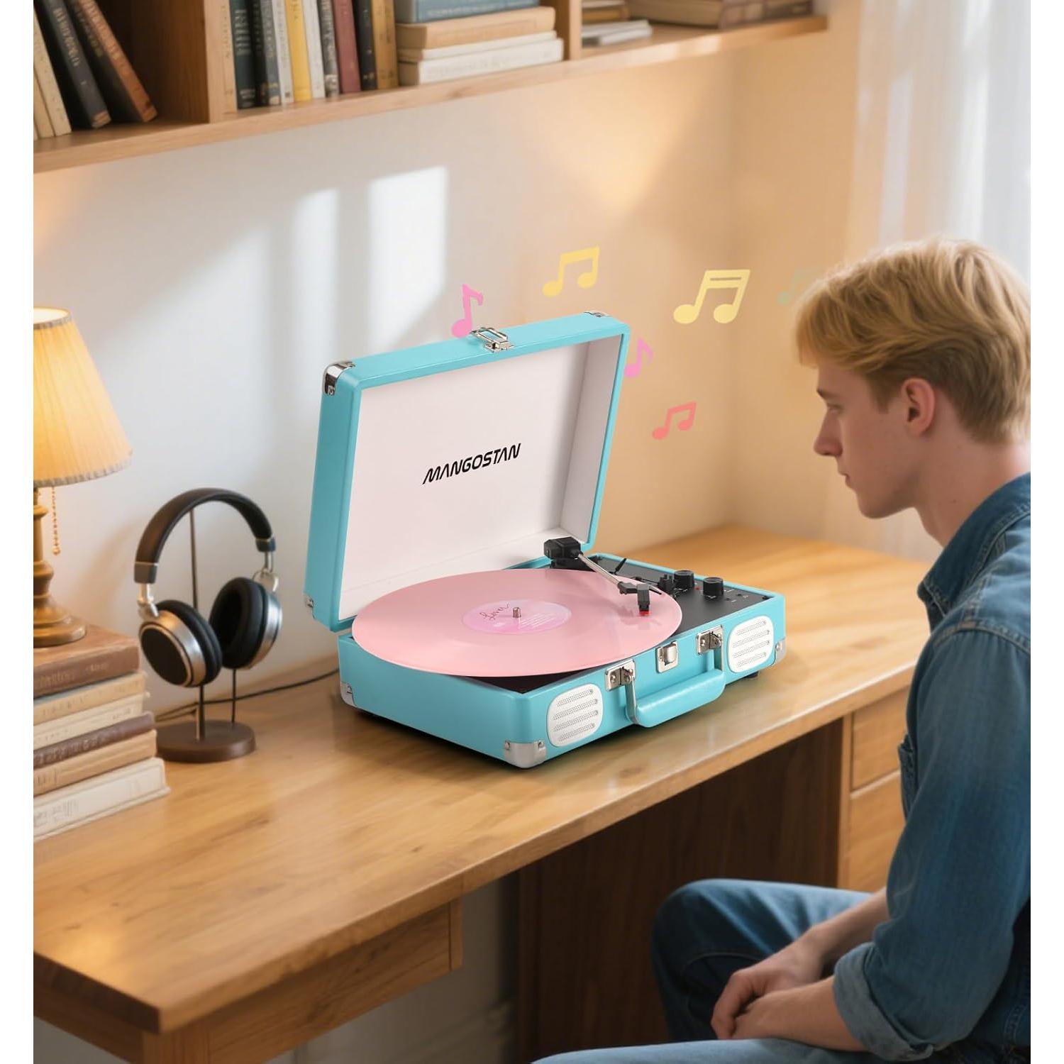 Reproductor de Vinilo Portátil Bluetooth MANGOSTAN TE-001KBU Azul