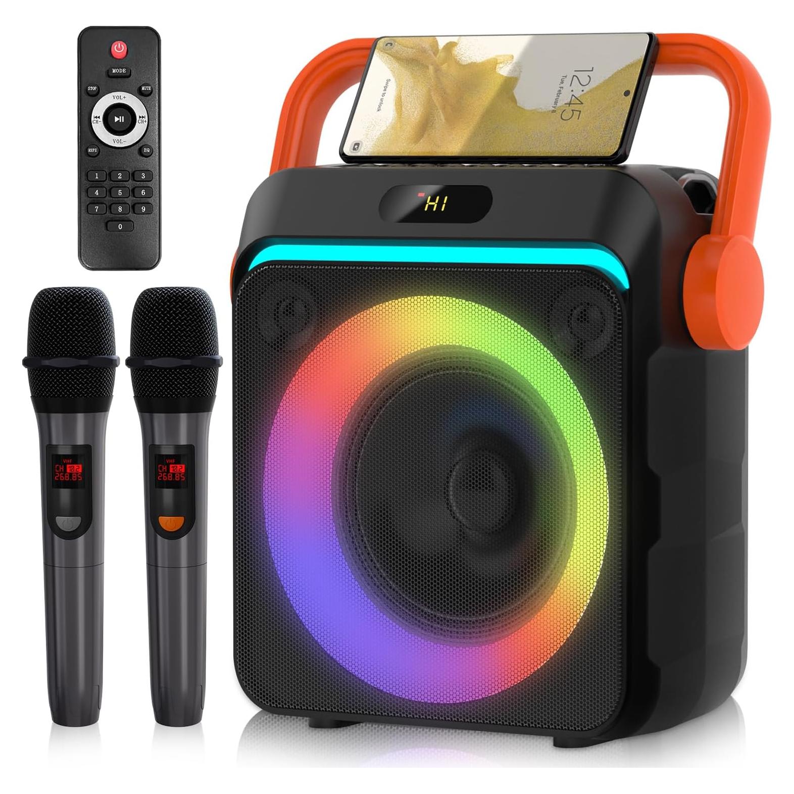 Karaoke Portátil YUOIOYU C1 con 2 Micrófonos y Luces LED