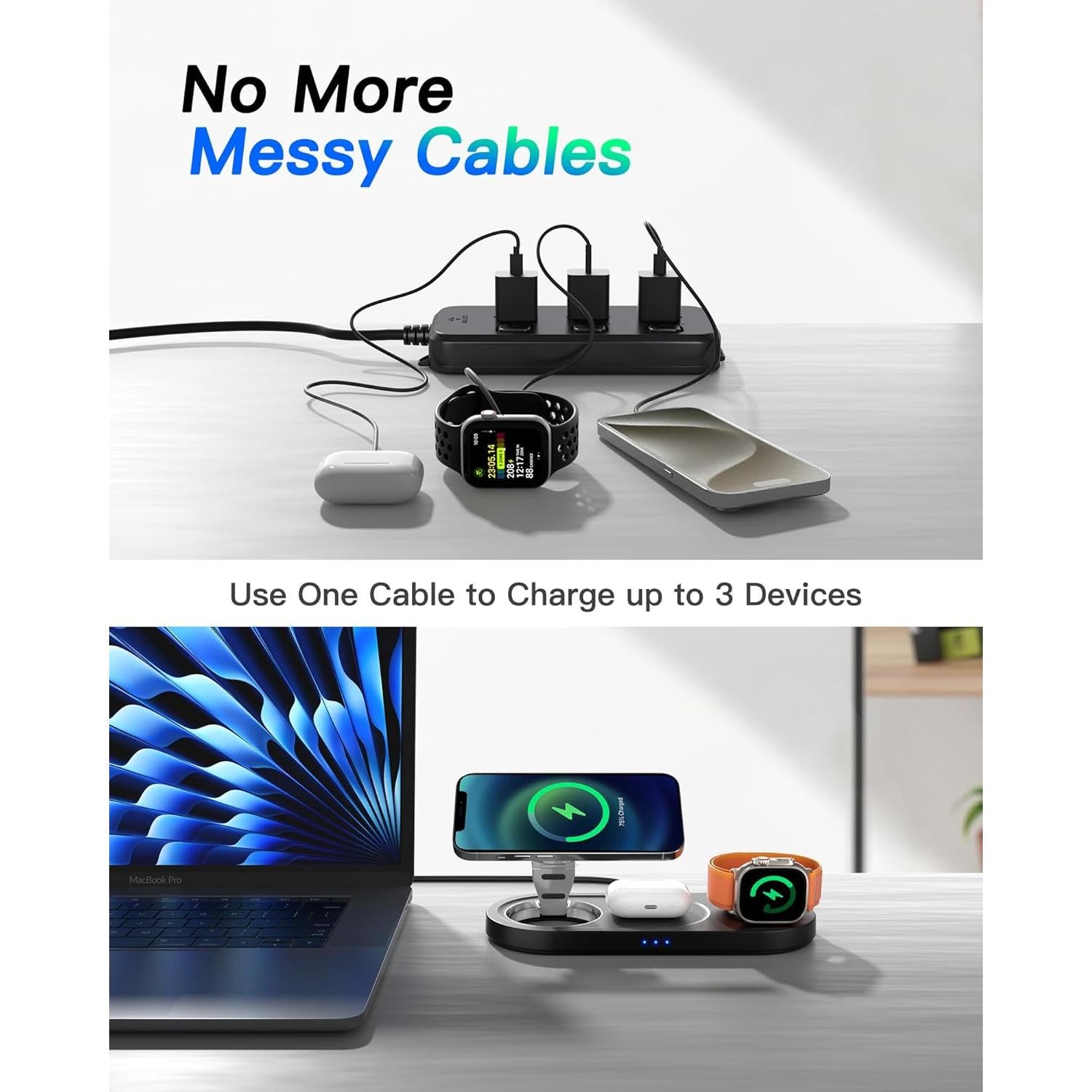 Cargador Inalámbrico 3 en 1 Moencase para iPhone y Apple Watch