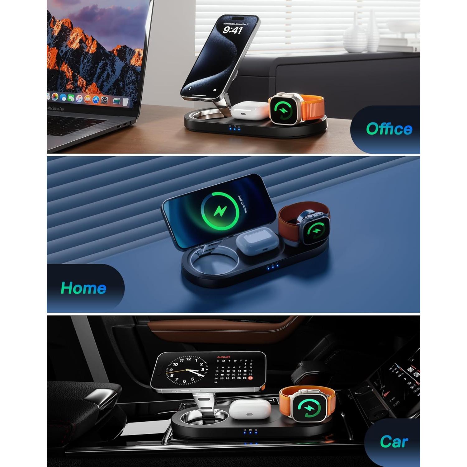 Cargador Inalámbrico 3 en 1 Moencase para iPhone y Apple Watch