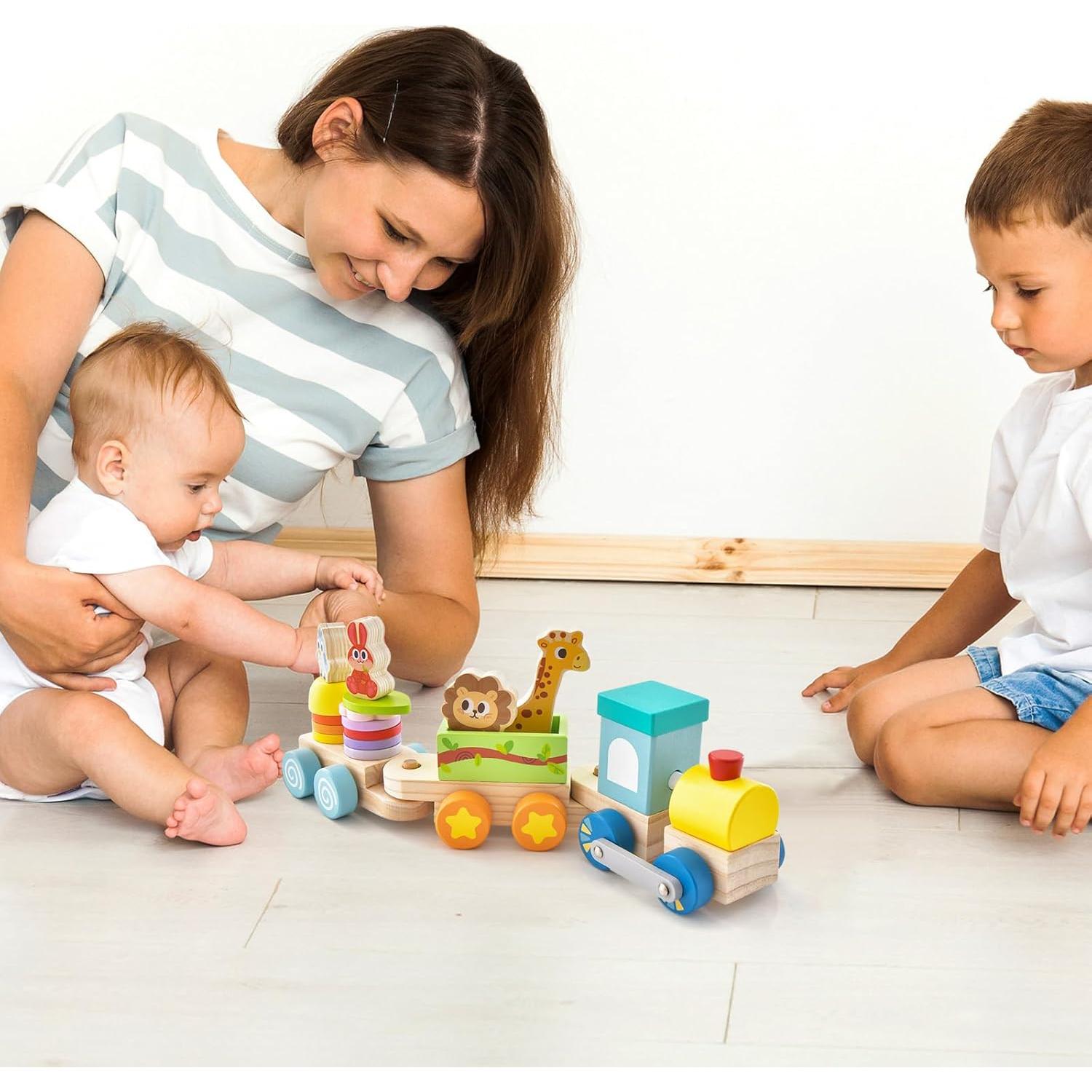 Juego de Tren de Madera HONEY JOY con 3 Vagones y Bloques