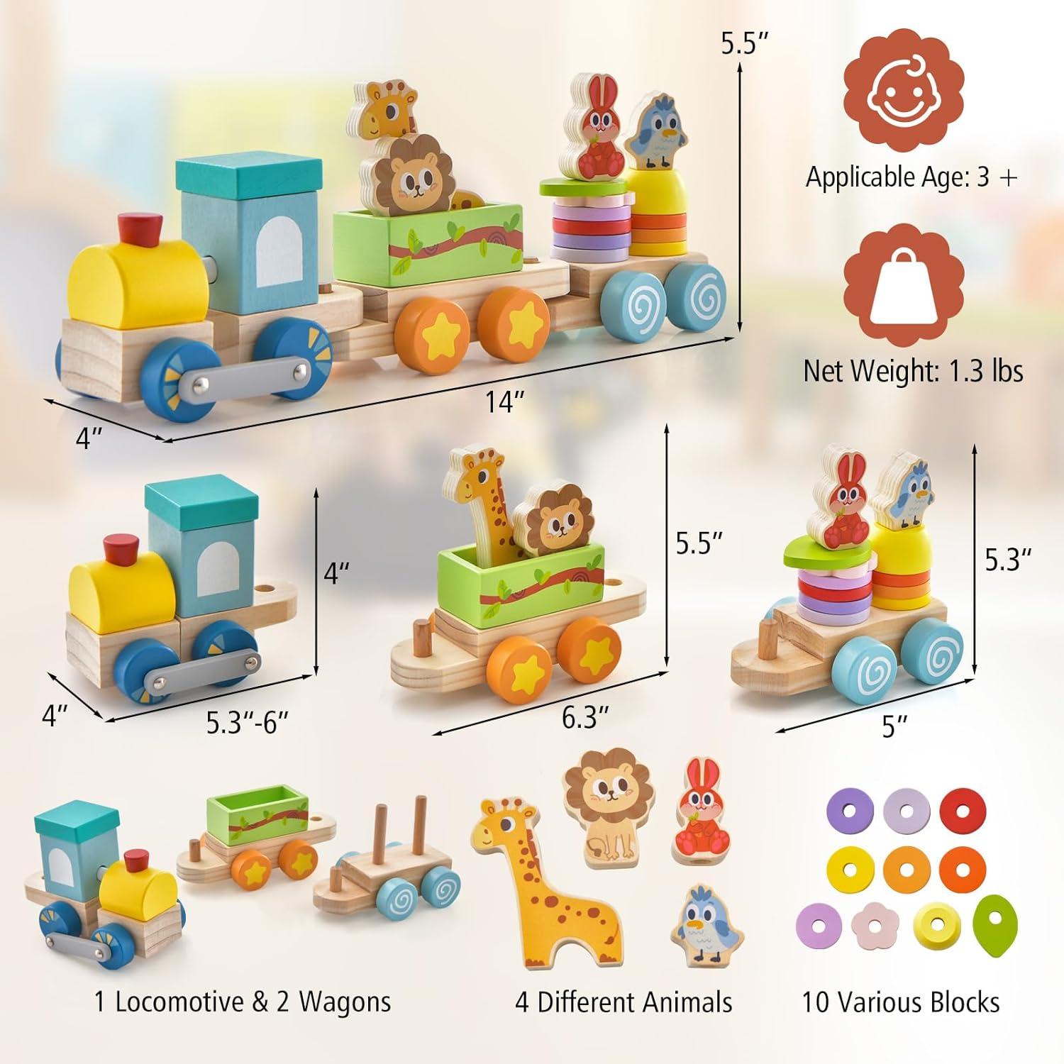 Juego de Tren de Madera HONEY JOY con 3 Vagones y Bloques