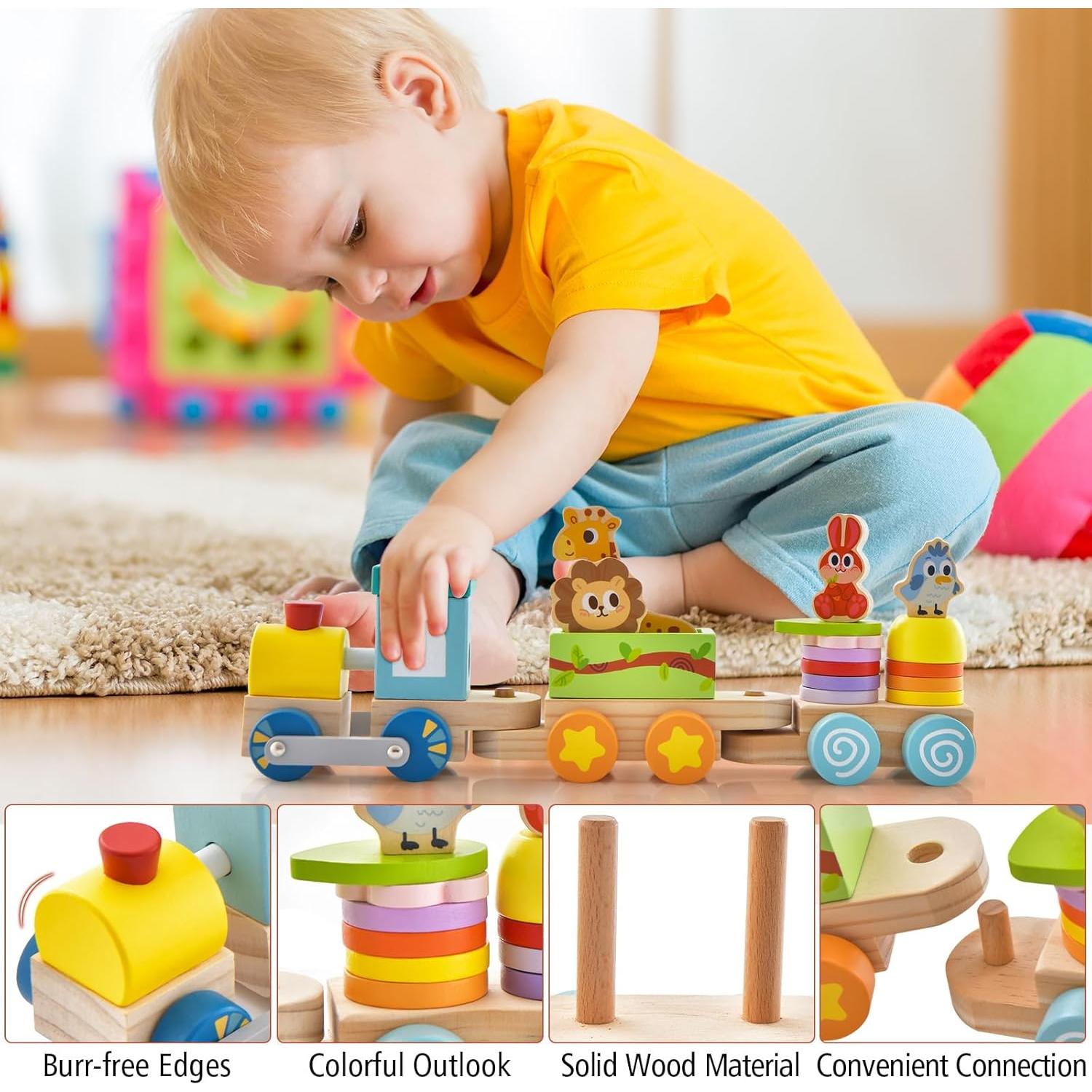 Juego de Tren de Madera HONEY JOY con 3 Vagones y Bloques