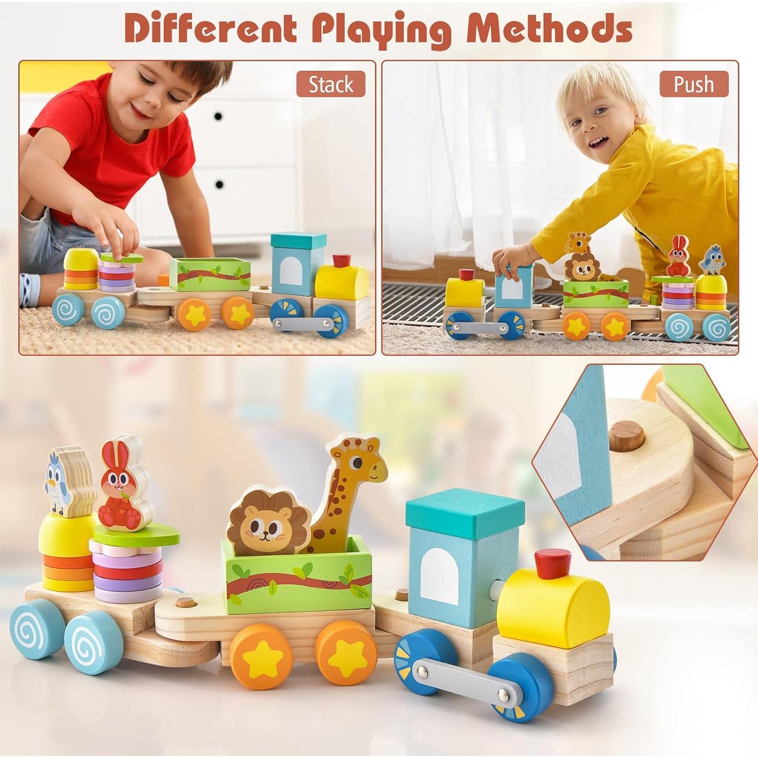 Juego de Tren de Madera HONEY JOY con 3 Vagones y Bloques