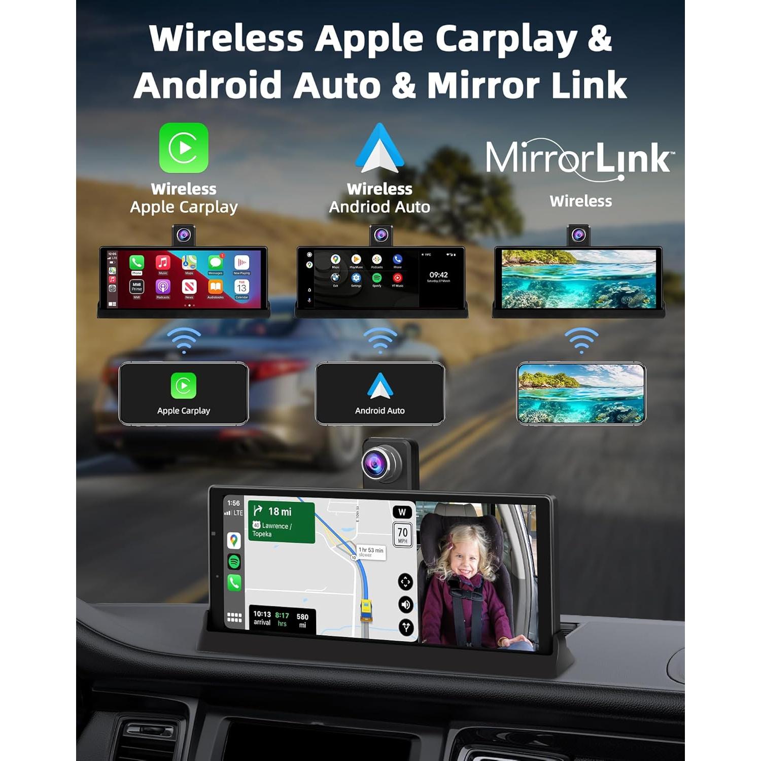 Pantalla Inalámbrica 10.26" Jelkuz CarPlay Android Auto 4K