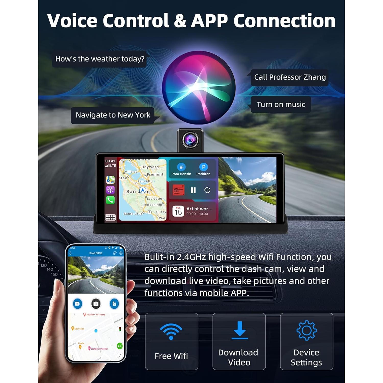 Pantalla Inalámbrica 10.26" Jelkuz CarPlay Android Auto 4K