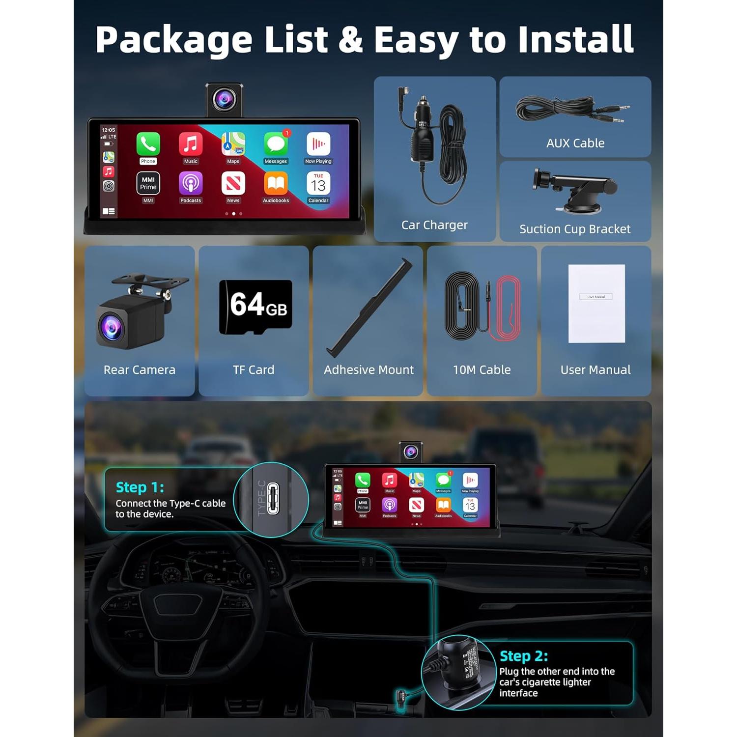 Pantalla Inalámbrica 10.26" Jelkuz CarPlay Android Auto 4K