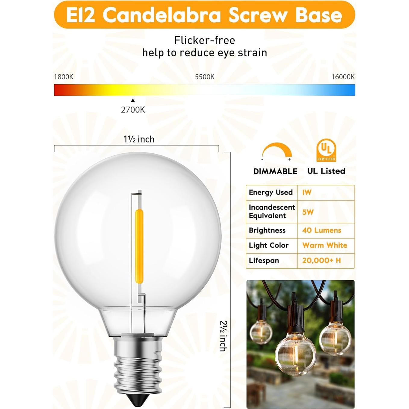 Luces de Cadena LED Brightown 25 pies Negro 12 Bombillas