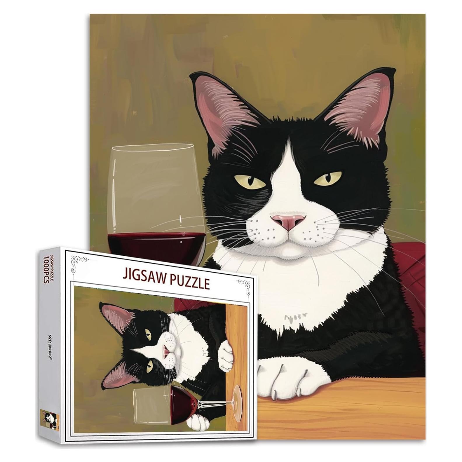 Rompecabezas 1000 Piezas Gato Negro y Blanco Bebiendo Vino 70x50cm