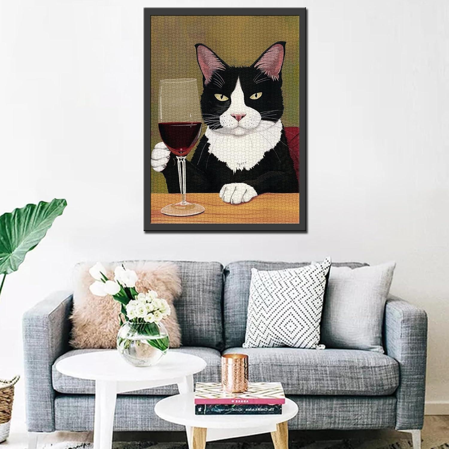 Rompecabezas 1000 Piezas Gato Negro y Blanco Bebiendo Vino 70x50cm