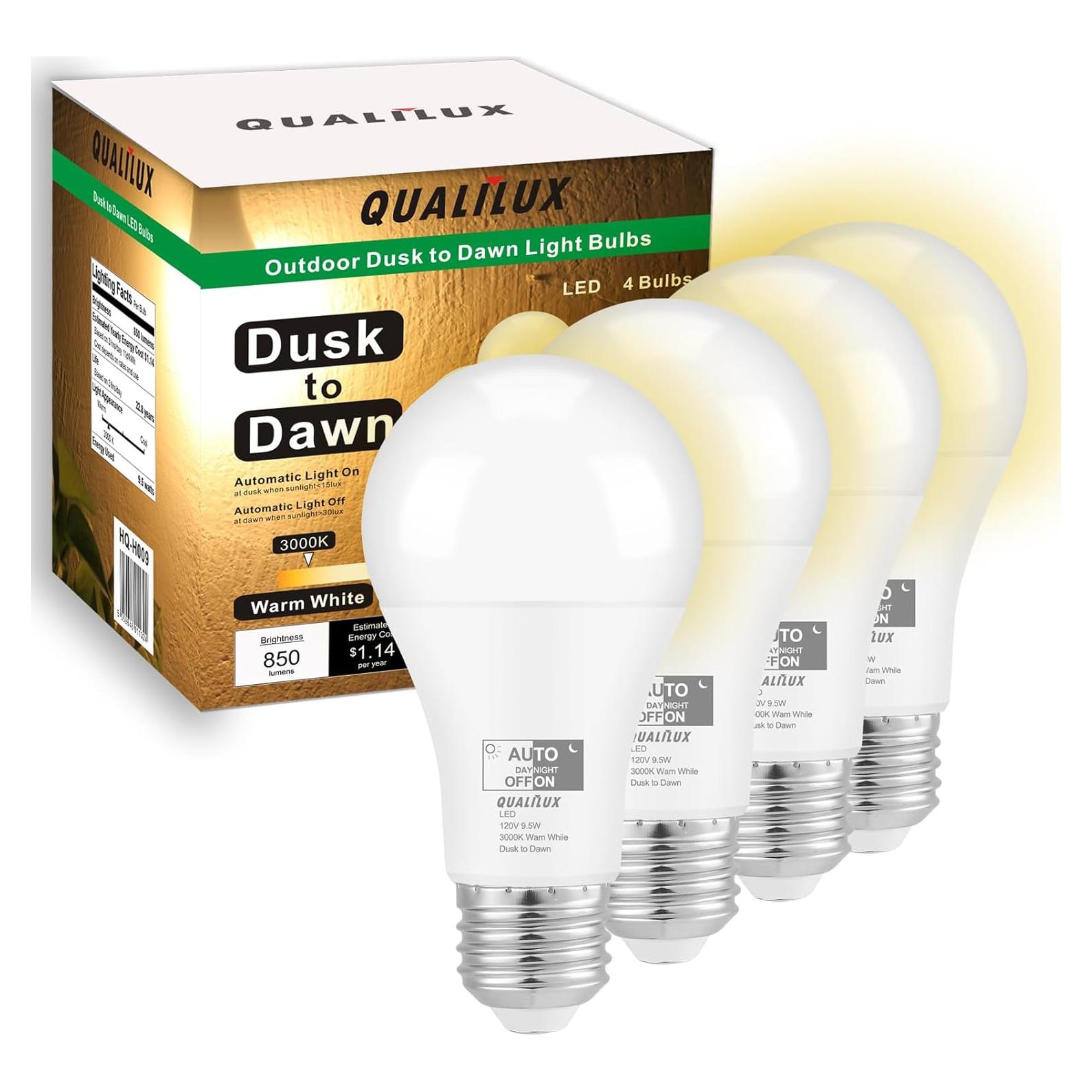 Bombillas LED Dusk to Dawn Qualilux 9.5W 3000K Paquete de 4